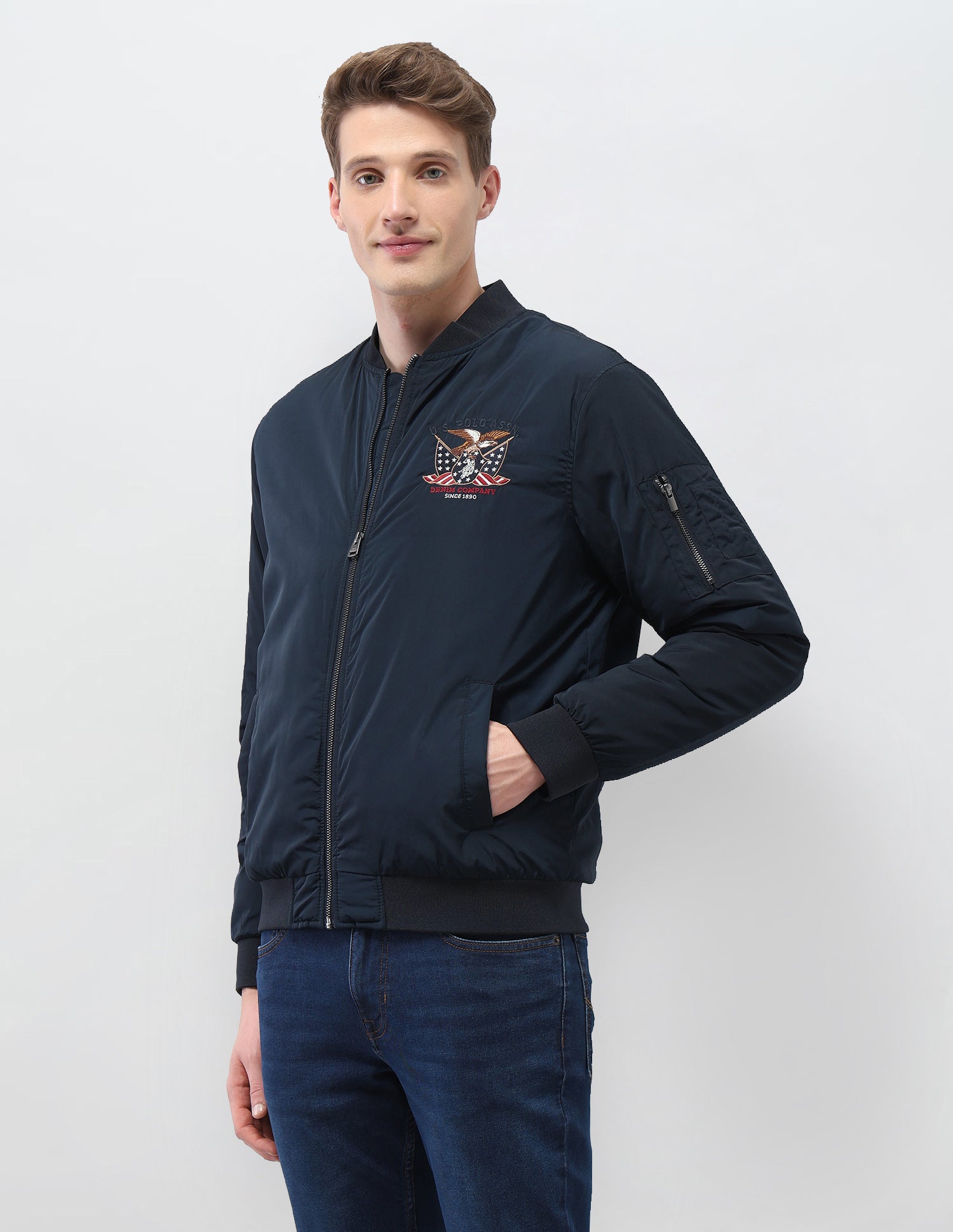Solid Regular Fit Bomber Jacket Navy - U.S. Polo Assn. India | Large