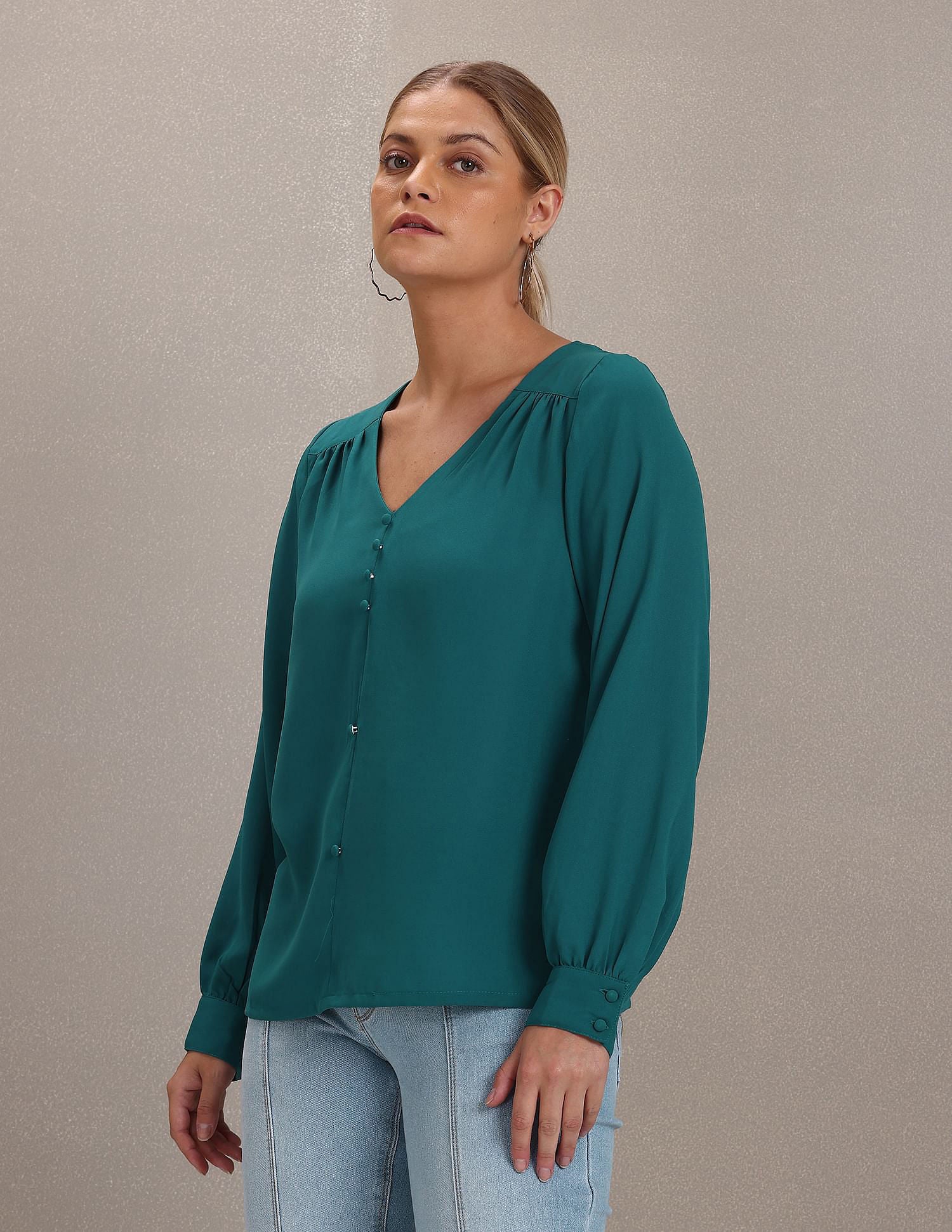 Mock Button Placket Long Sleeve Top Teal - U.S. Polo Assn. India | Large