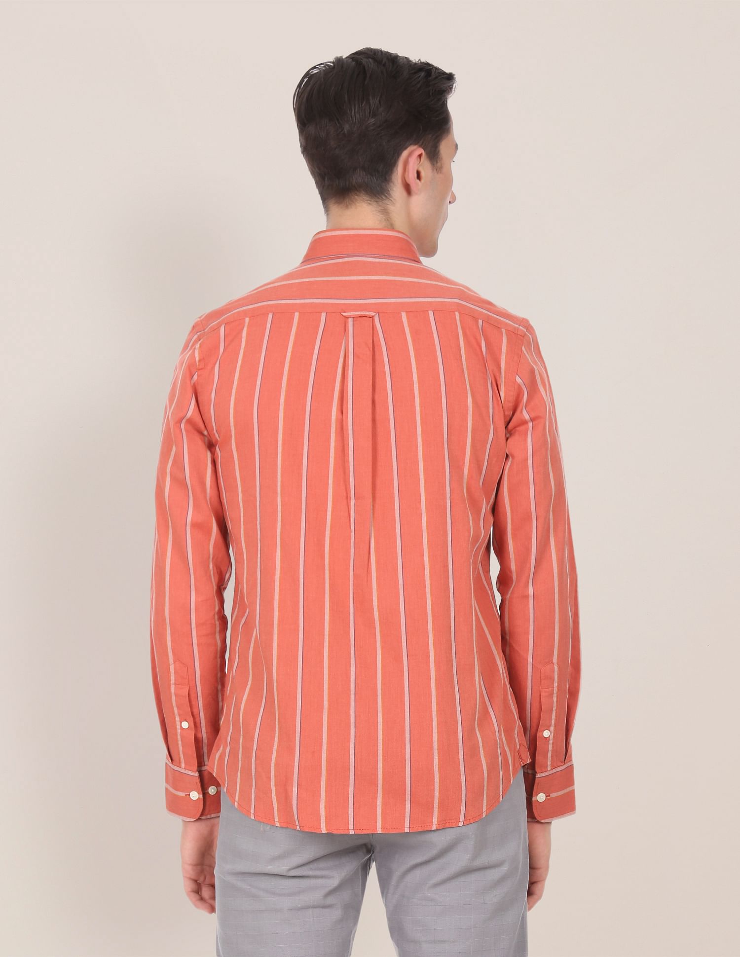 Men Orange Button Down Collar Striped Casual Shirt U.S. Polo Assn. India