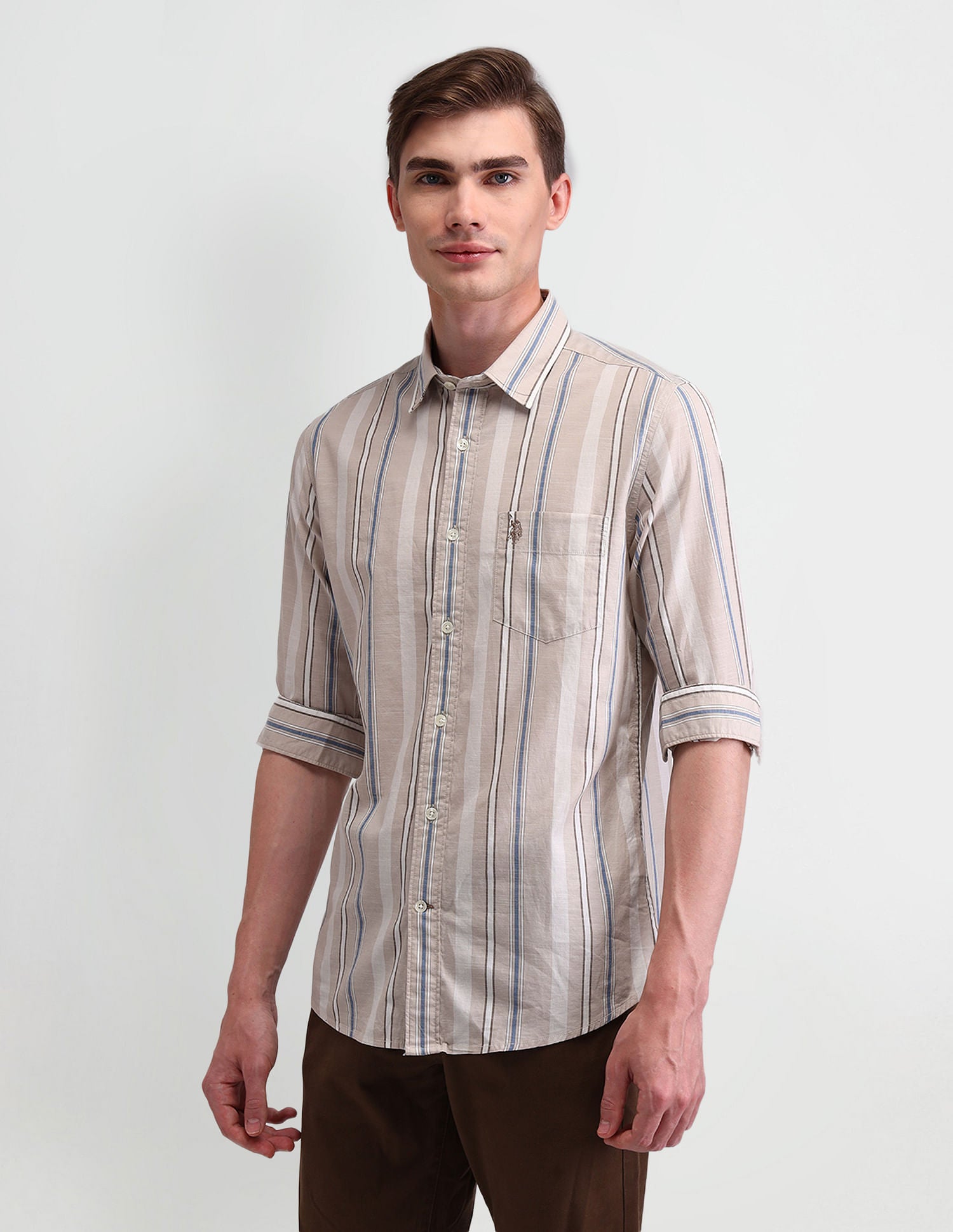 Vertical Striped Slim Fit Dobby Shirt Khaki - U.S. POLO ASSN. | Large