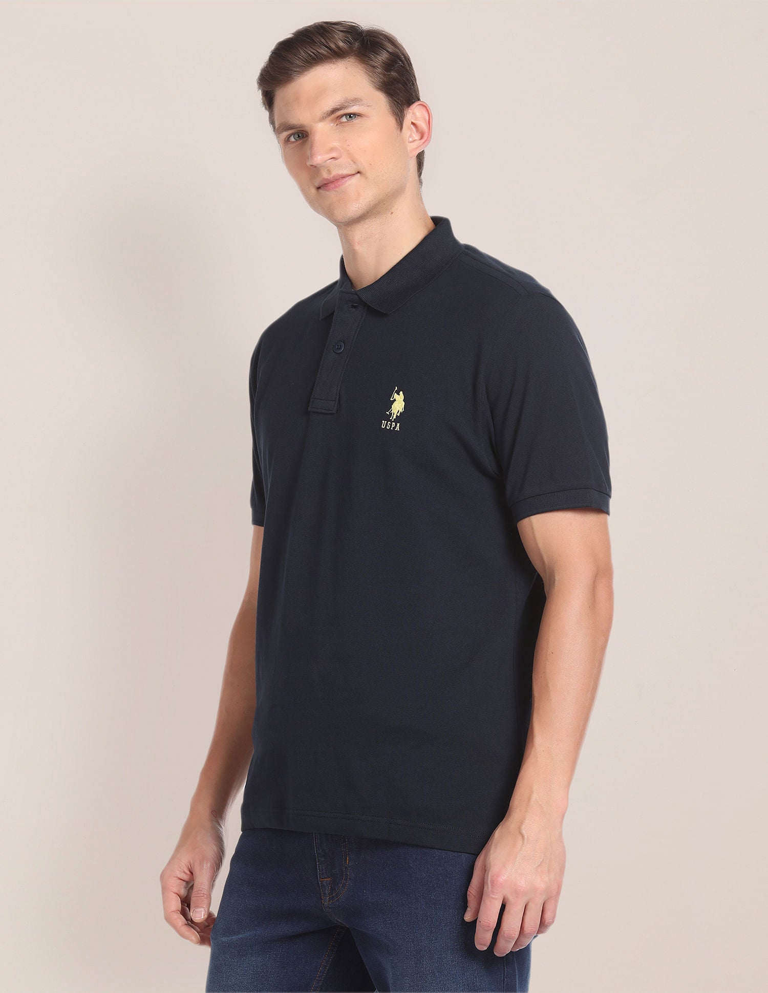 Men Navy Blue Pique Solid Polo Shirt Navy - U.S. Polo Assn. India | Large