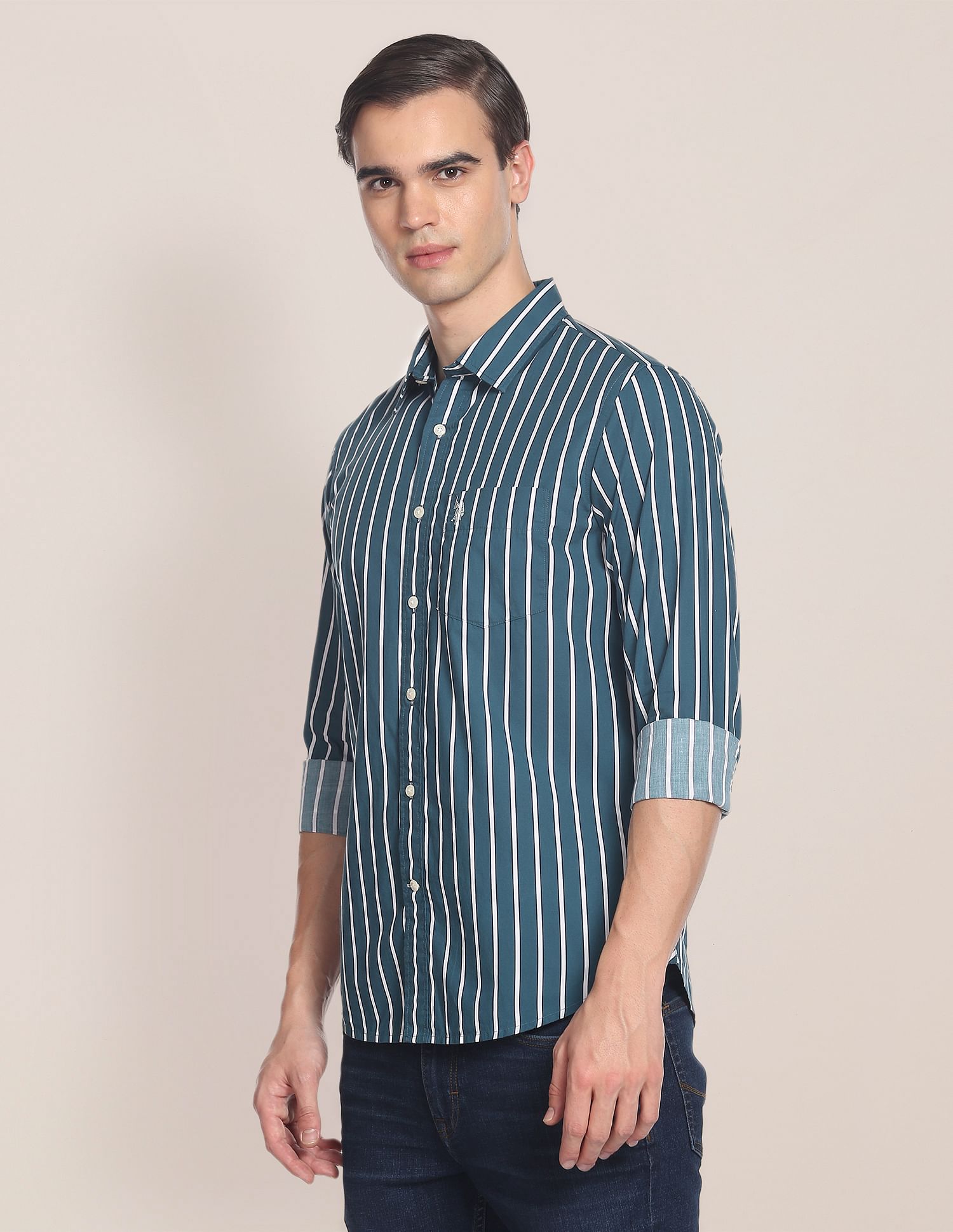 Spread Collar Striped Casual Shirt Teal - U.S. POLO ASSN. | Large