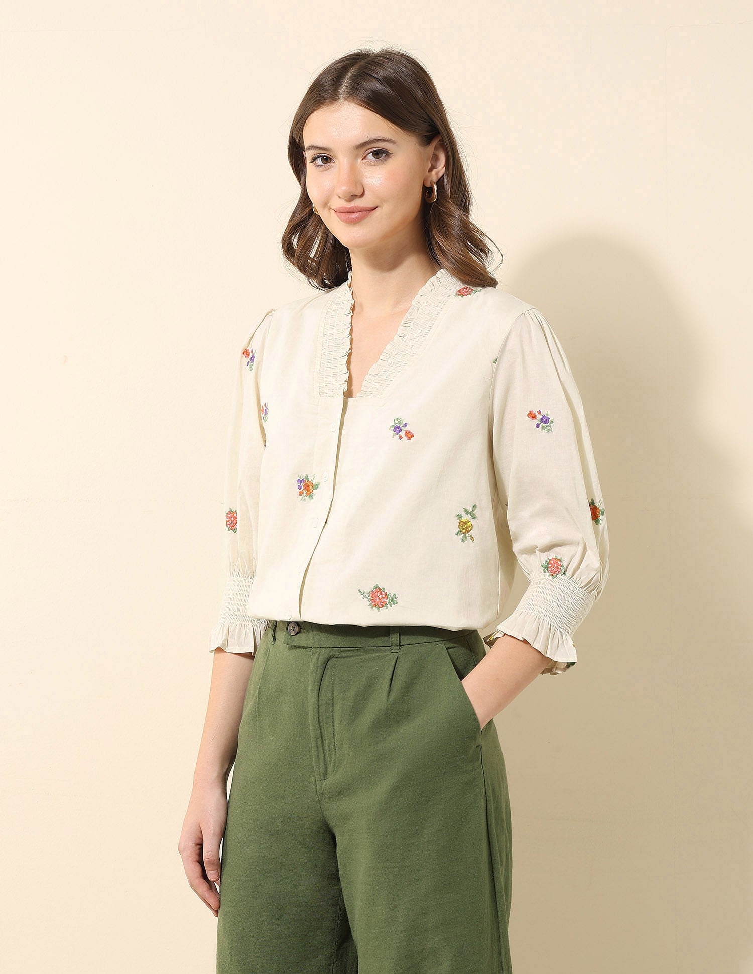 Floral Embroidered Ruffle Top Ecru - U.S. Polo Assn. India | Large