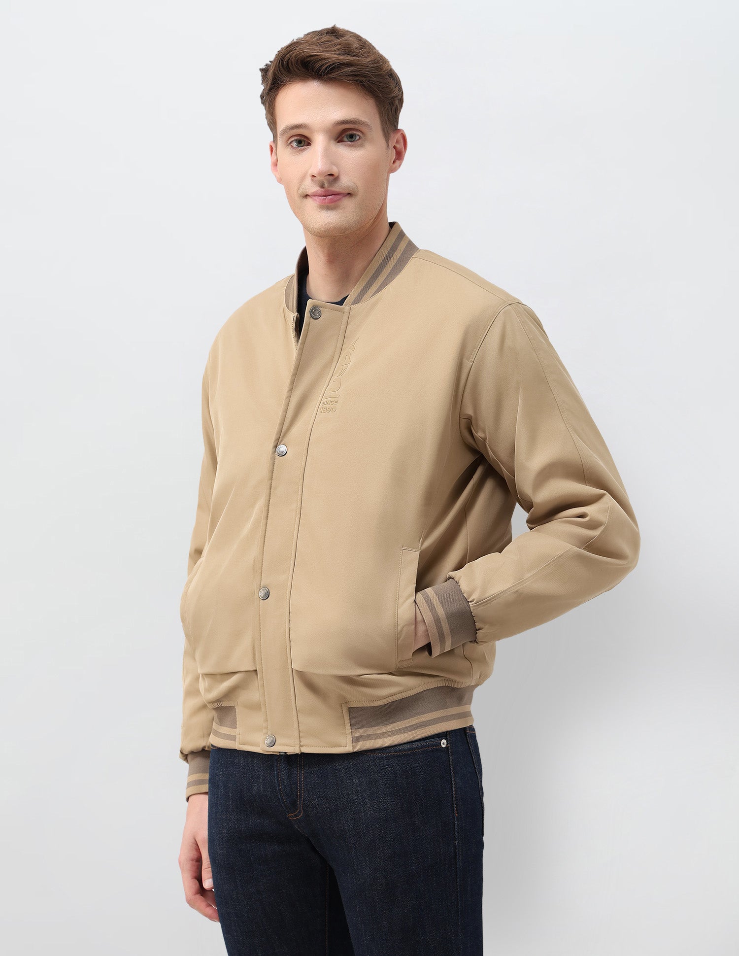 Solid Regular Fit Bomber Jacket Khaki - U.S. Polo Assn. India | Large