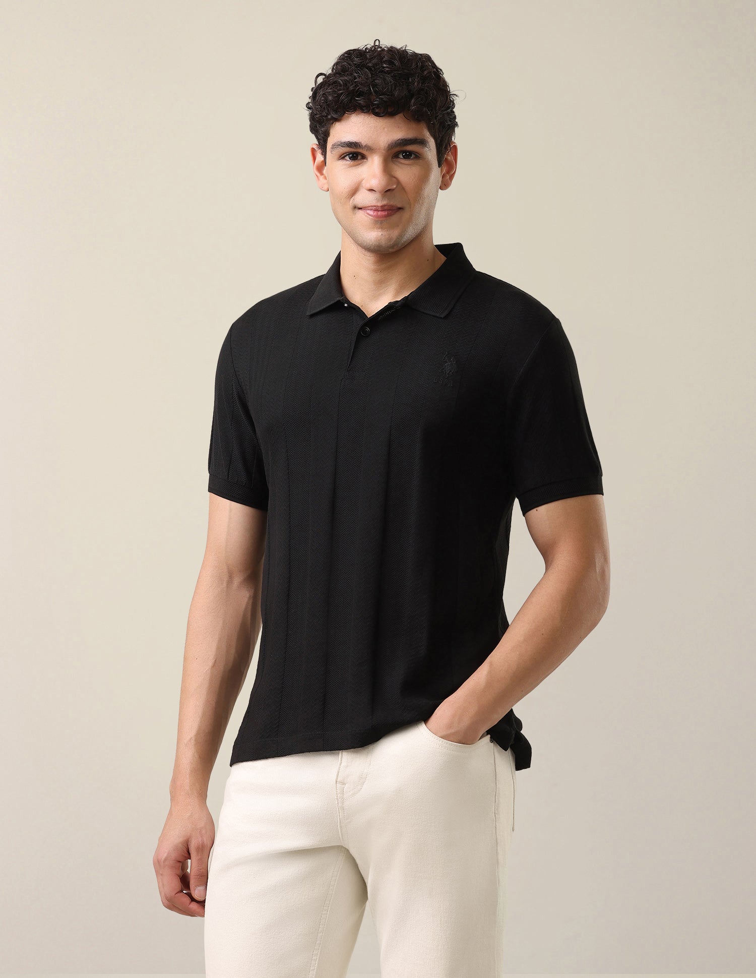 Self Design Vertical Striped Slim Fit Polo Shirt Black - U.S. Polo Assn. India | Large