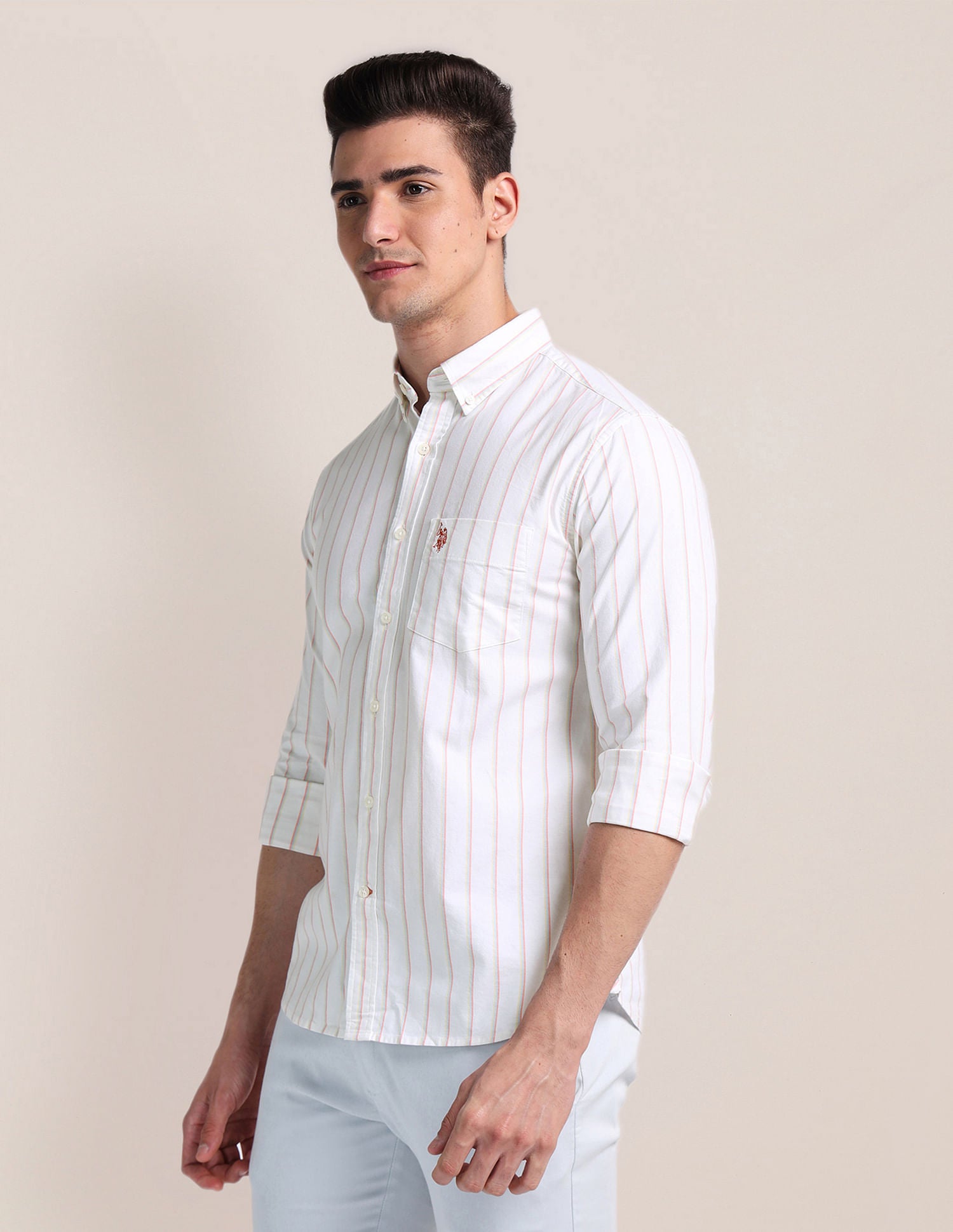 Vertical Stripe Cotton Stretch Shirt Ivory - U.S. Polo Assn. India | Large