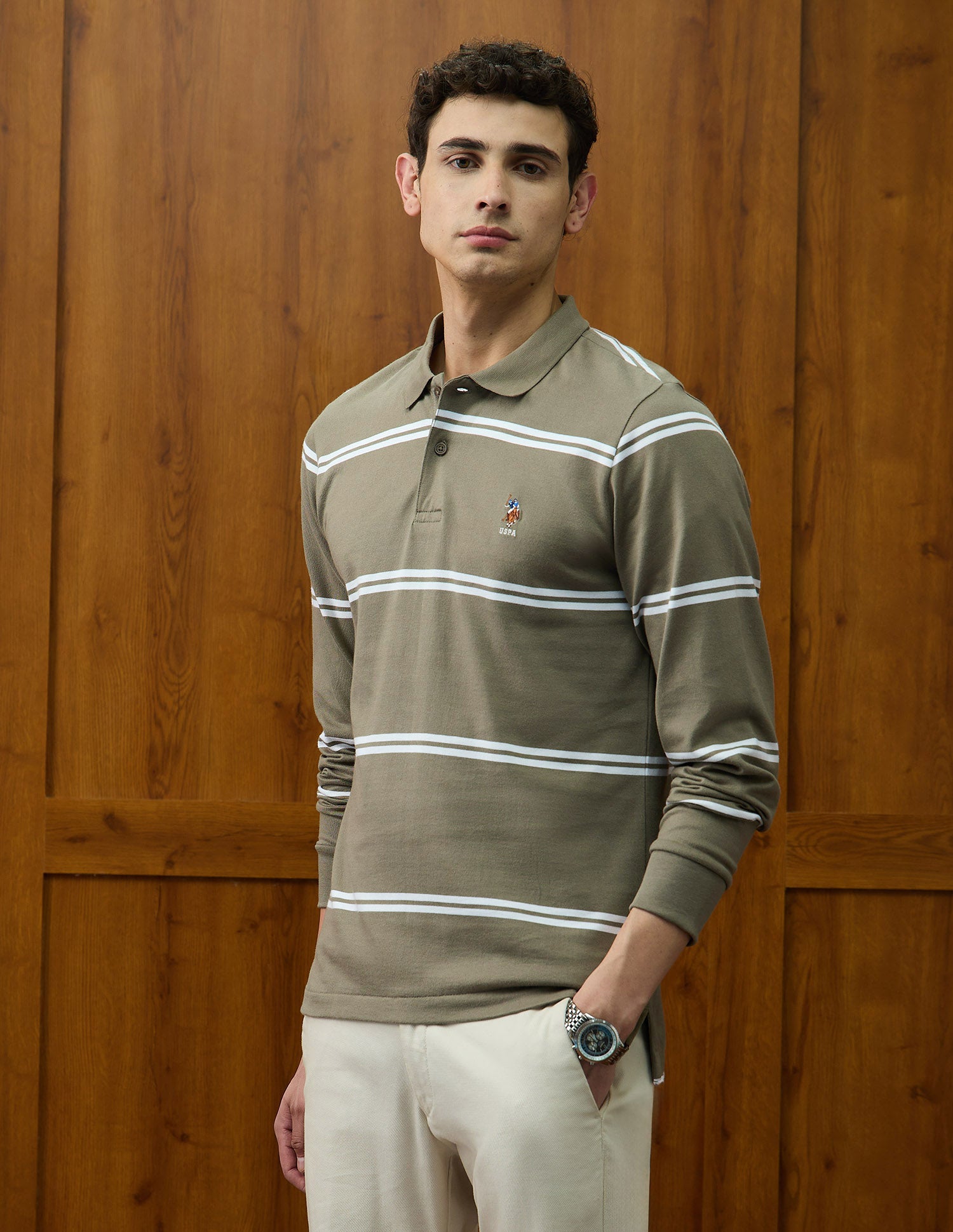 Horizontal Striped Varsity Theatre Polo Shirt Light Olive - U.S. Polo Assn. India | Large