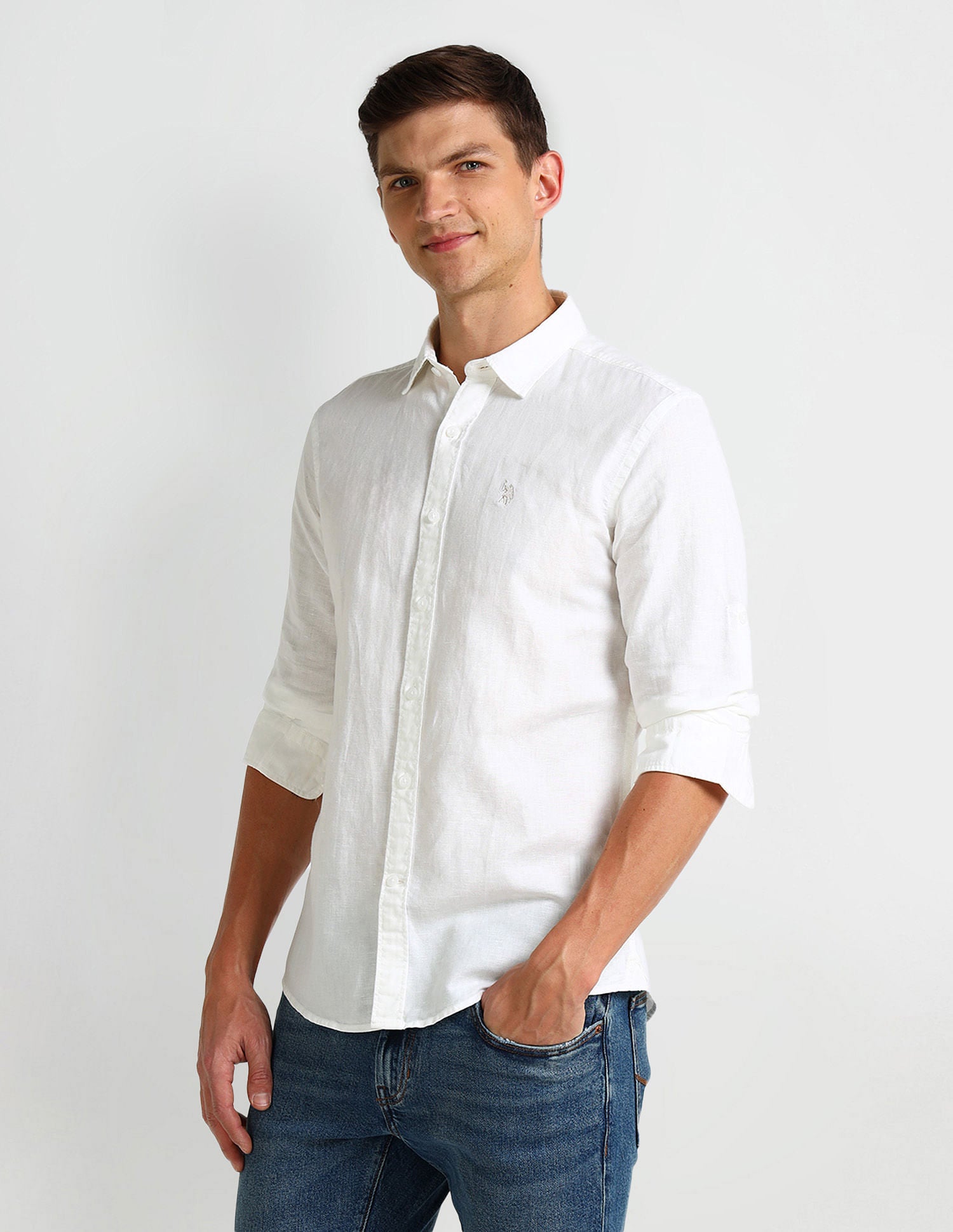 Slim Fit Poplin Linen Shirt White - U.S. Polo Assn. India | Large