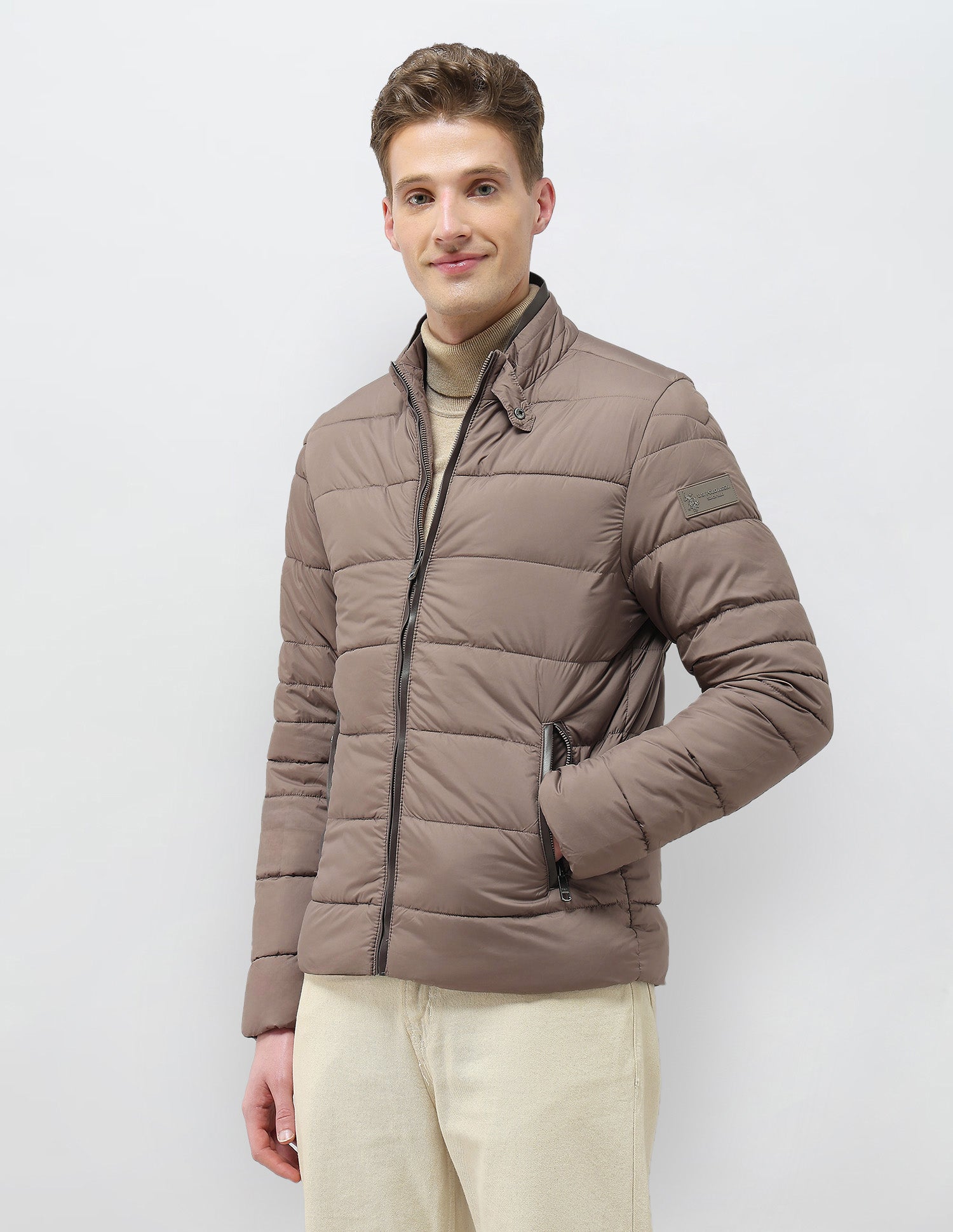 Solid Regular Fit Puffer Jacket Light Brown - U.S. Polo Assn. India | Large