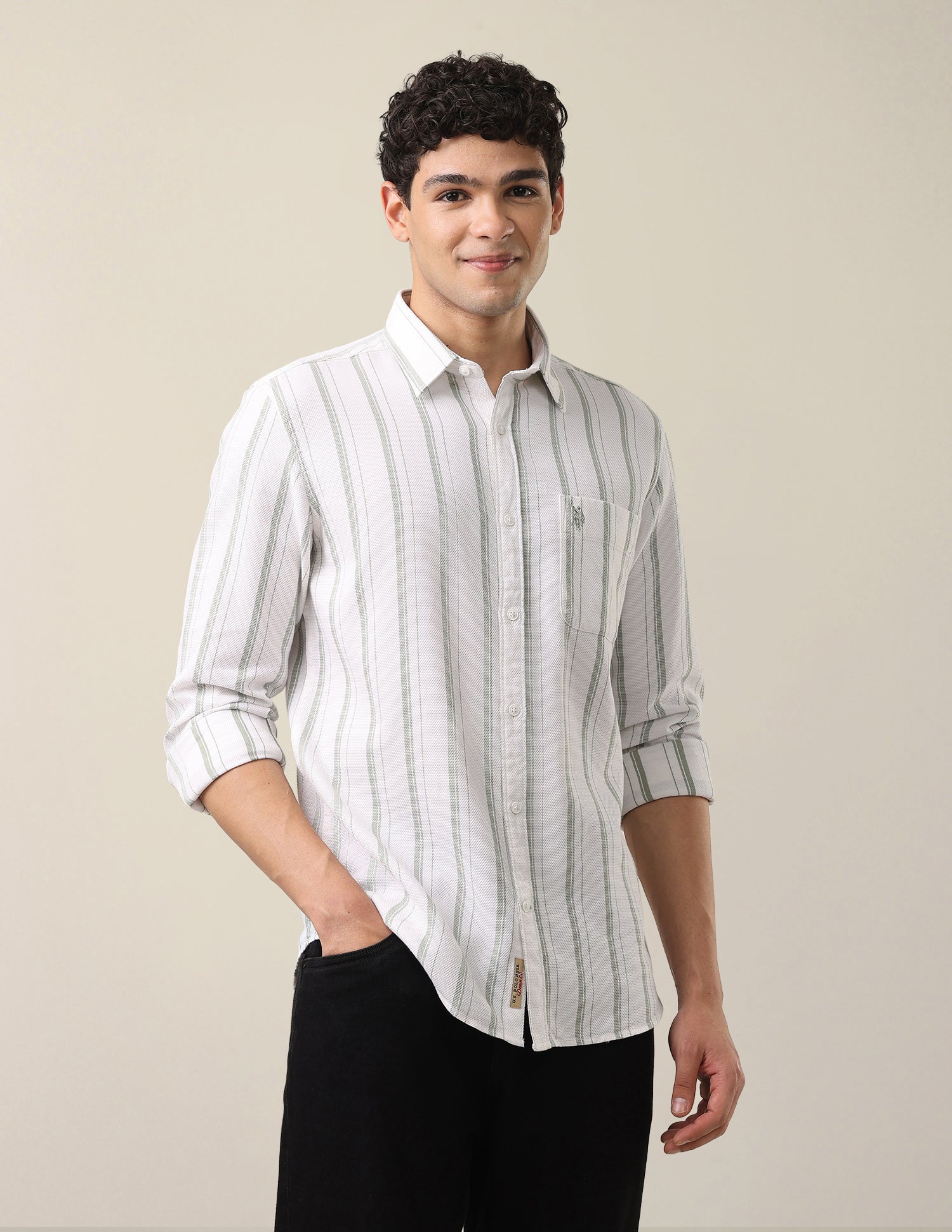 Vertical Striped Regular Fit Shirt Light Green - U.S. Polo Assn. India | Large