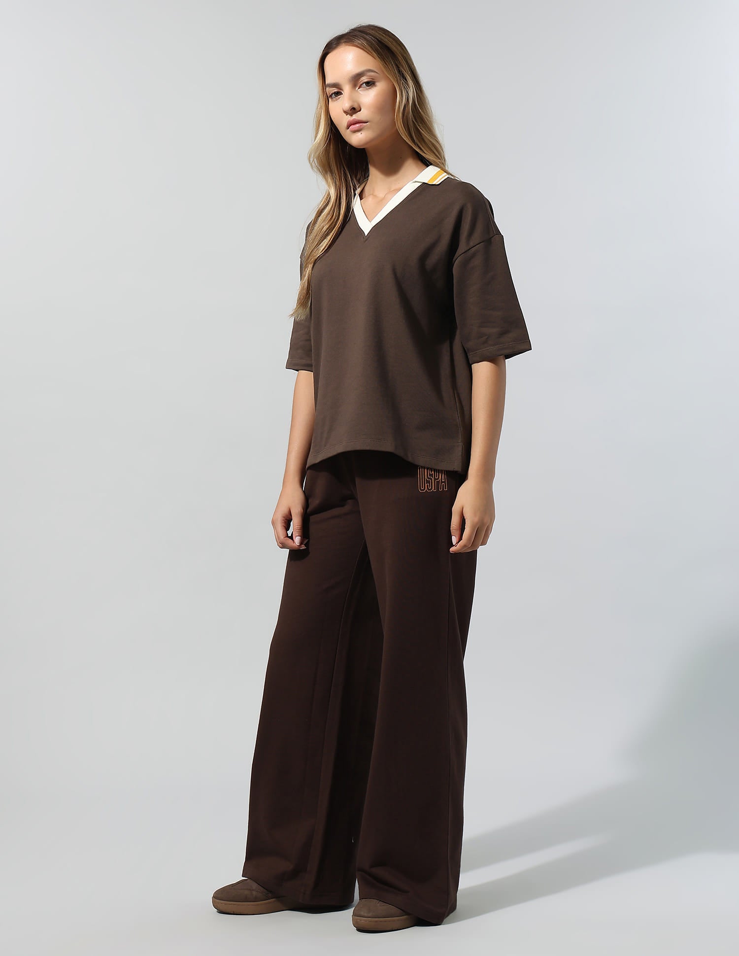 Polo Collar T-Shirt With Wide Leg Pants Brown - U.S. Polo Assn. India | Large