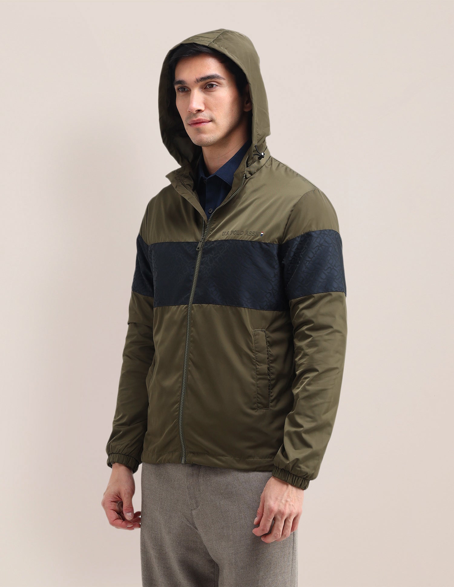 Brand Printed Regular Fit Jacket Olive - U.S. Polo Assn. India | Large