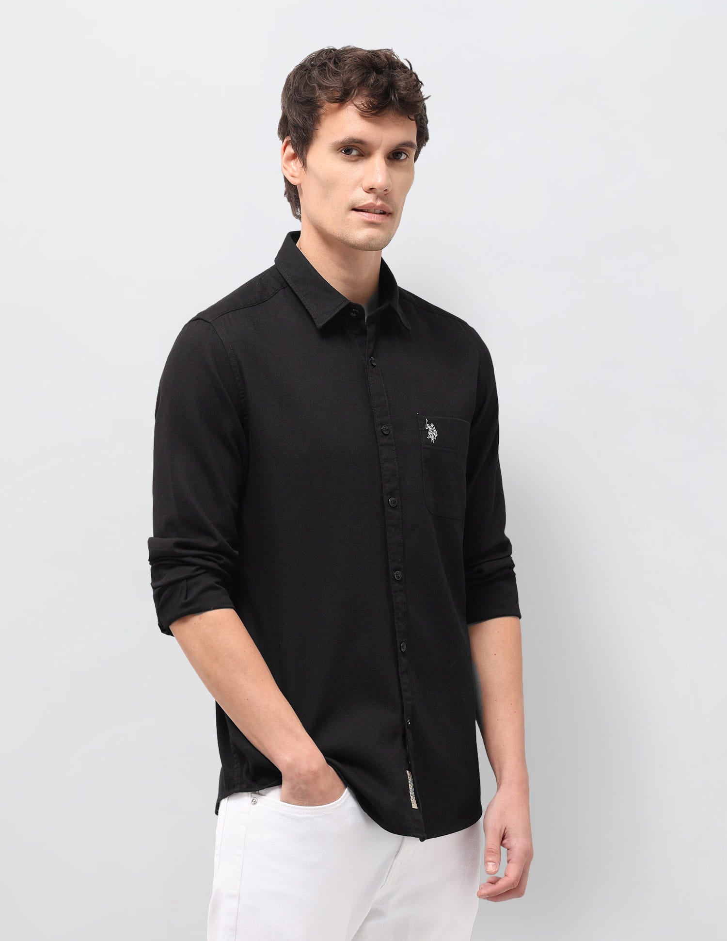 Solid Dobby Regular Fit Shirt Black - U.S. Polo Assn. India | Large