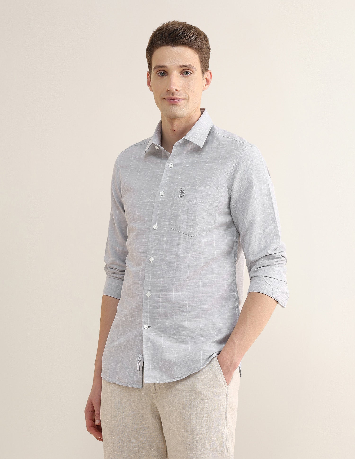 Windowpane Checked Regular Fit Shirt Light Grey - U.S. Polo Assn. India | Large