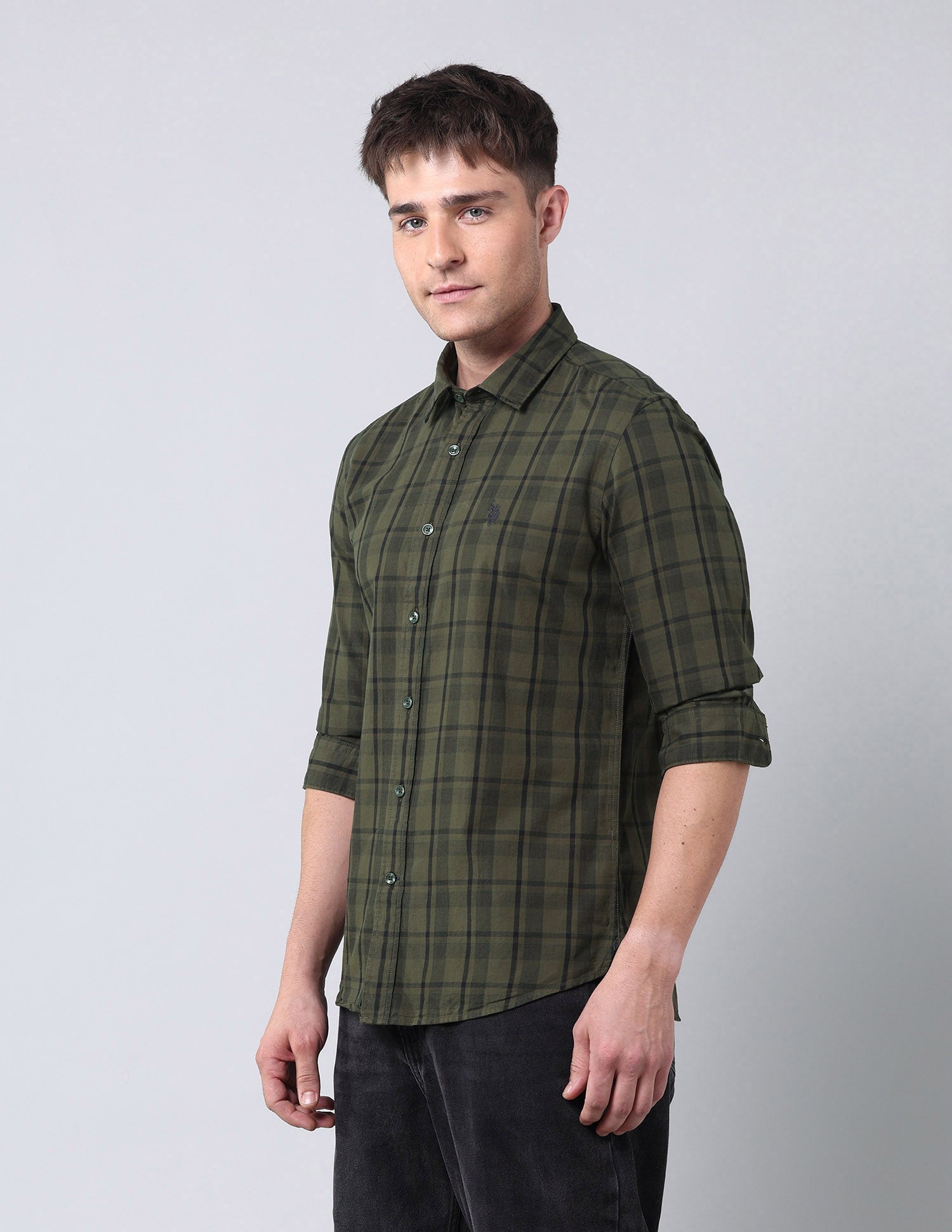 Grid Tattersall Checked Pure Cotton Shirt Olive - U.S. Polo Assn. India | Large