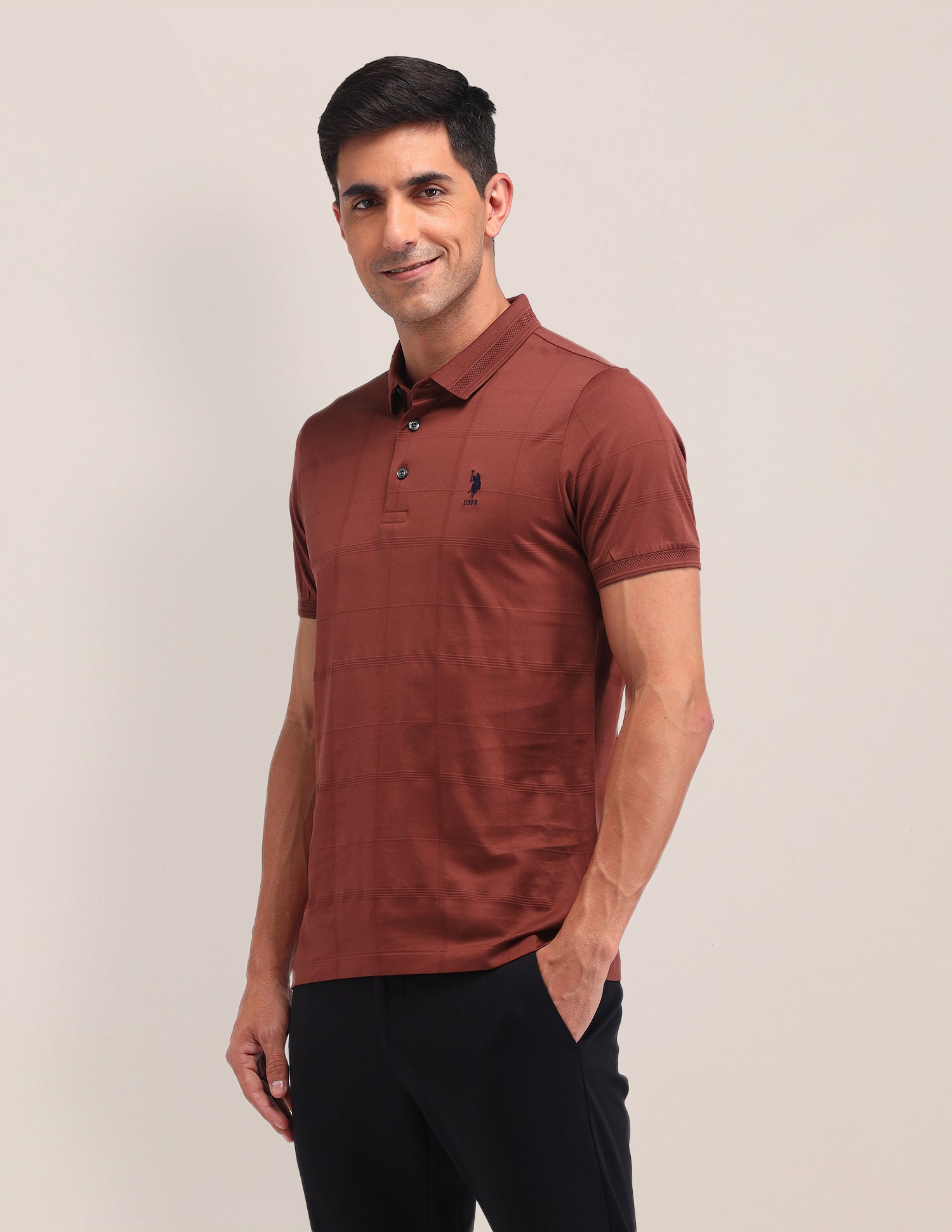Textured Cotton Polo Shirt Rust - U.S. Polo Assn. India | Large