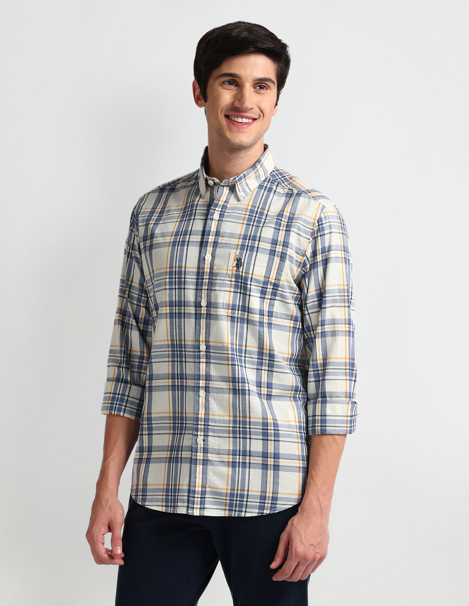 Tartan Check Tailored Fit Shirt Ivory and Blue - U.S. POLO ASSN. | Large