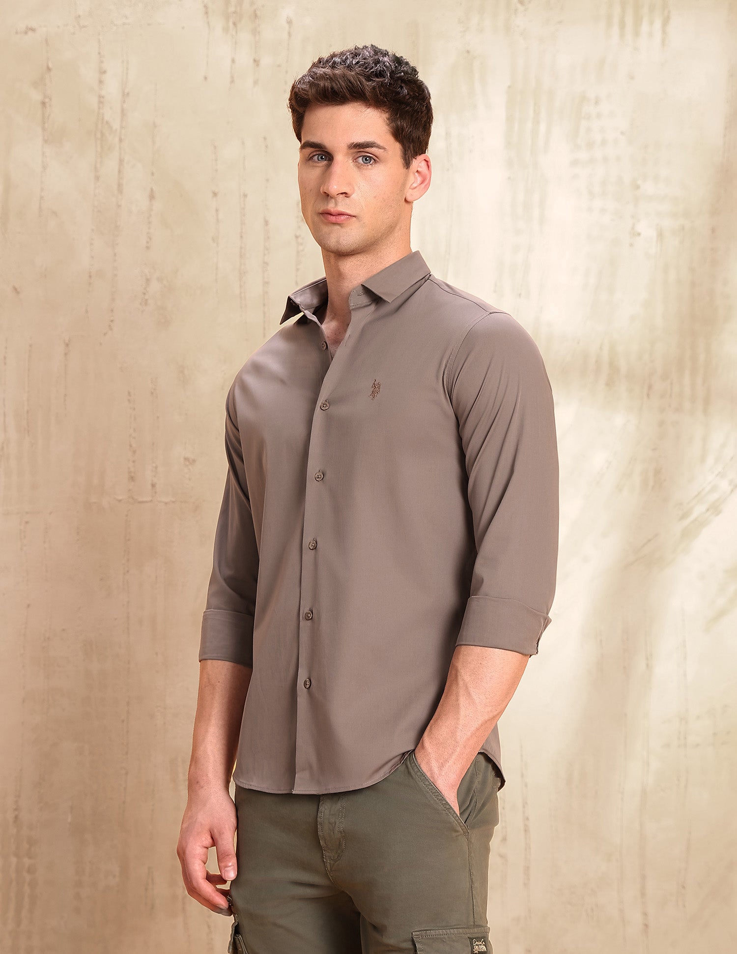 Tailored Fit Solid Shirt Light Brown - U.S. POLO ASSN. | Large