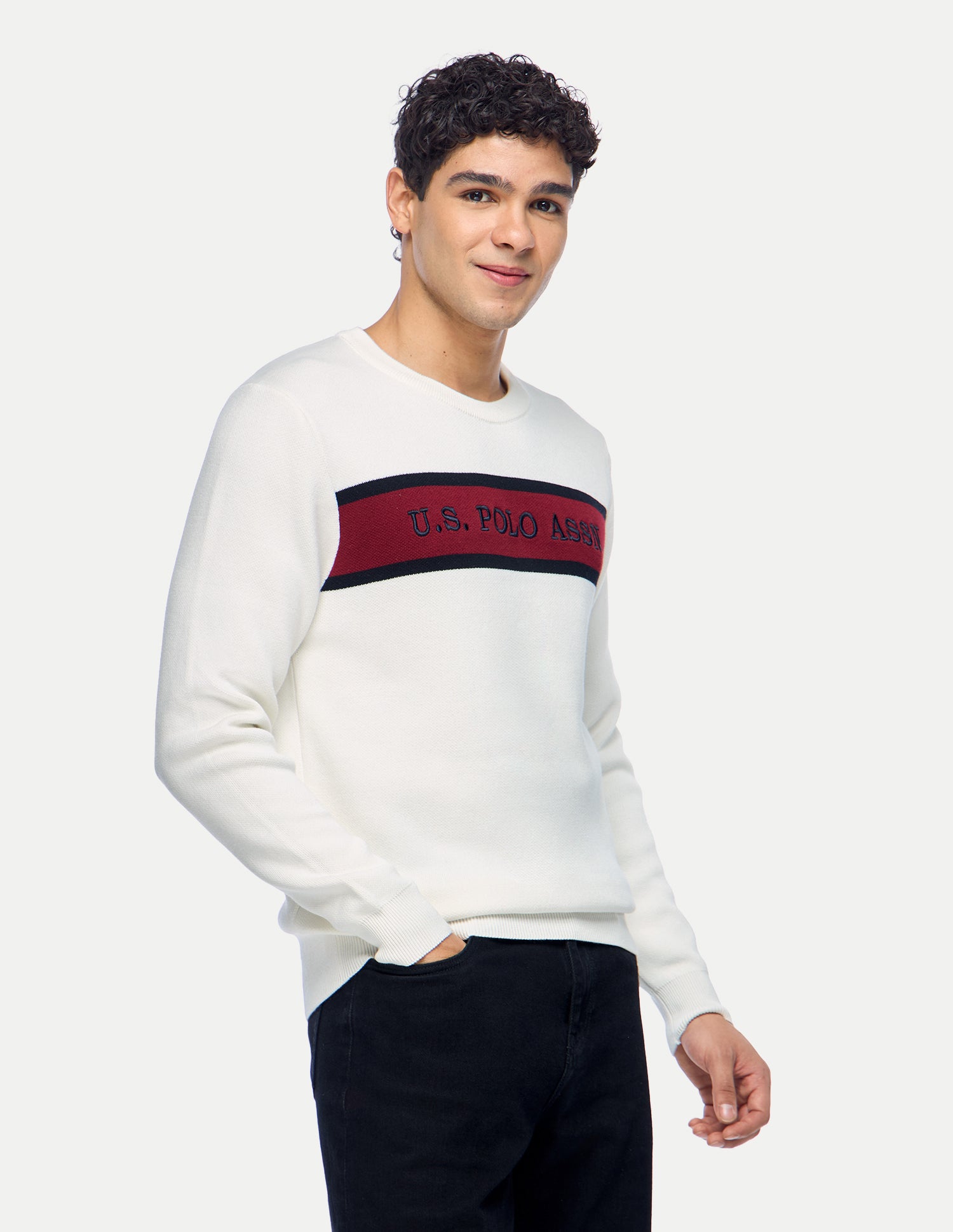 Brand Embroidered Colorblocked Slim Fit Sweater Off White - U.S. Polo Assn. India | Large