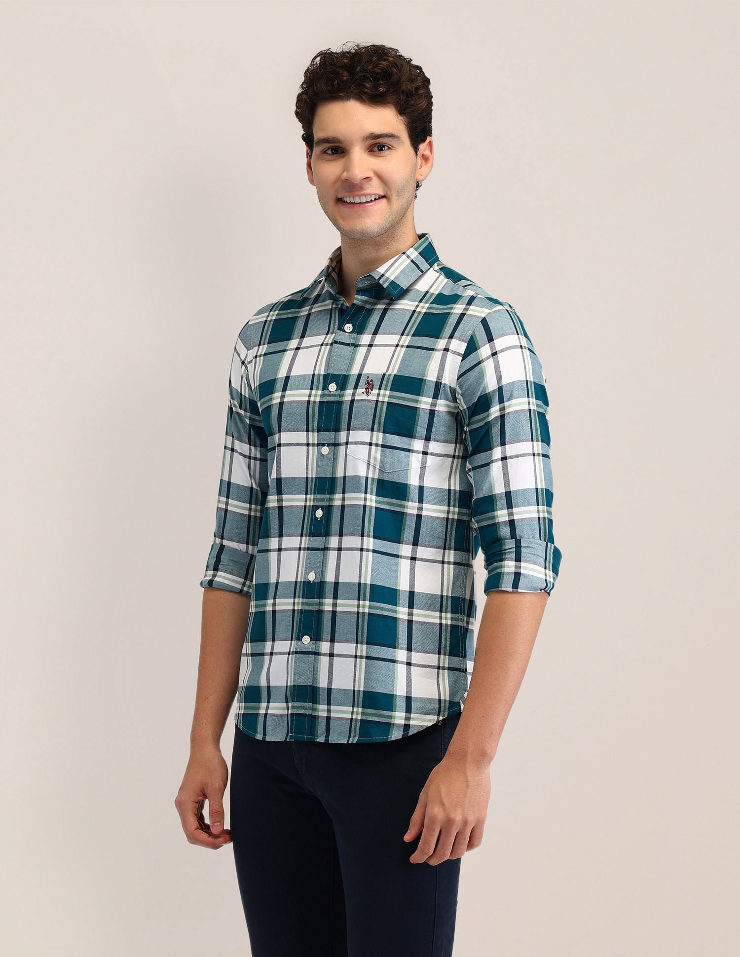Tailored Fit Dobby Checked Shirt Teal - U.S. POLO ASSN. | Large