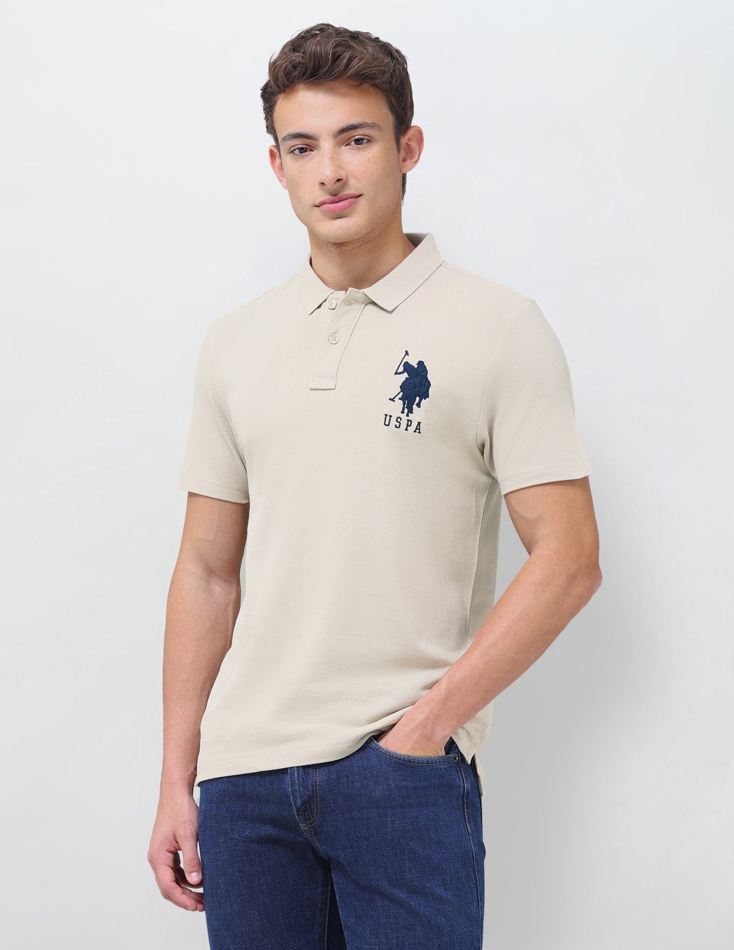 Solid Slim Fit Polo Shirt Beige - U.S. Polo Assn. India | Large