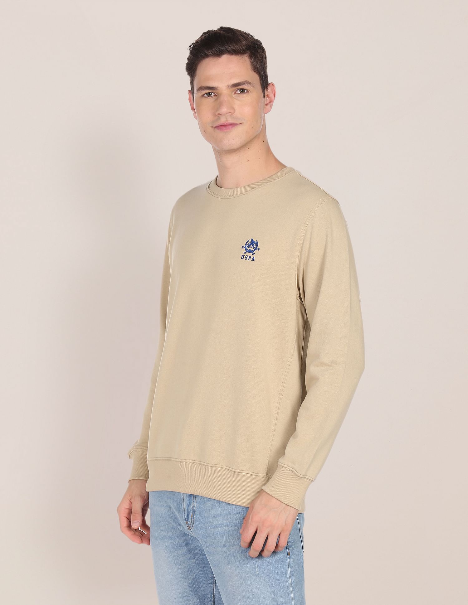Men Beige Logo Embroidered Crew Neck Sweatshirt Beige - U.S. Polo Assn. India | Large