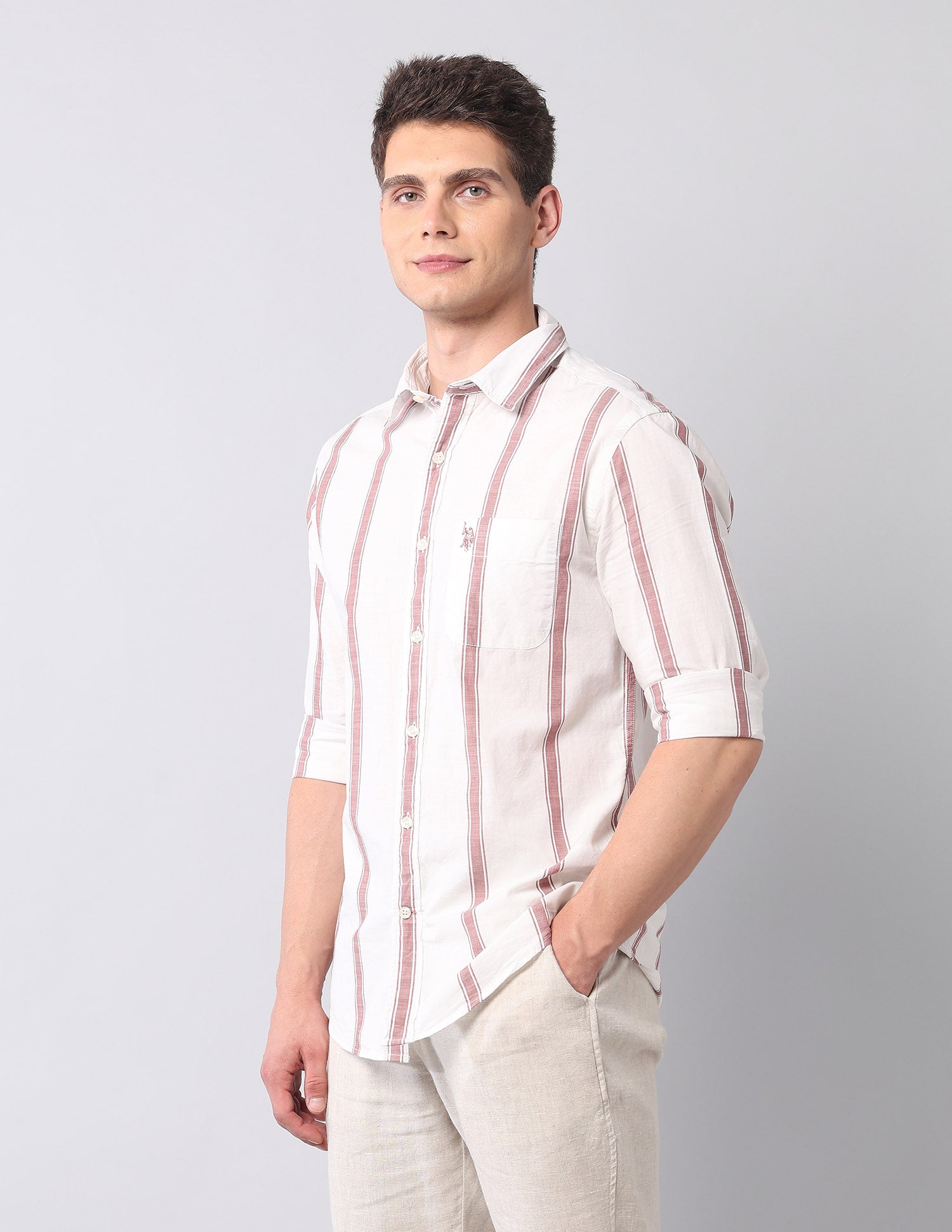 Vertical Striped Pure Cotton Shirt Light Red - U.S. Polo Assn. India | Large