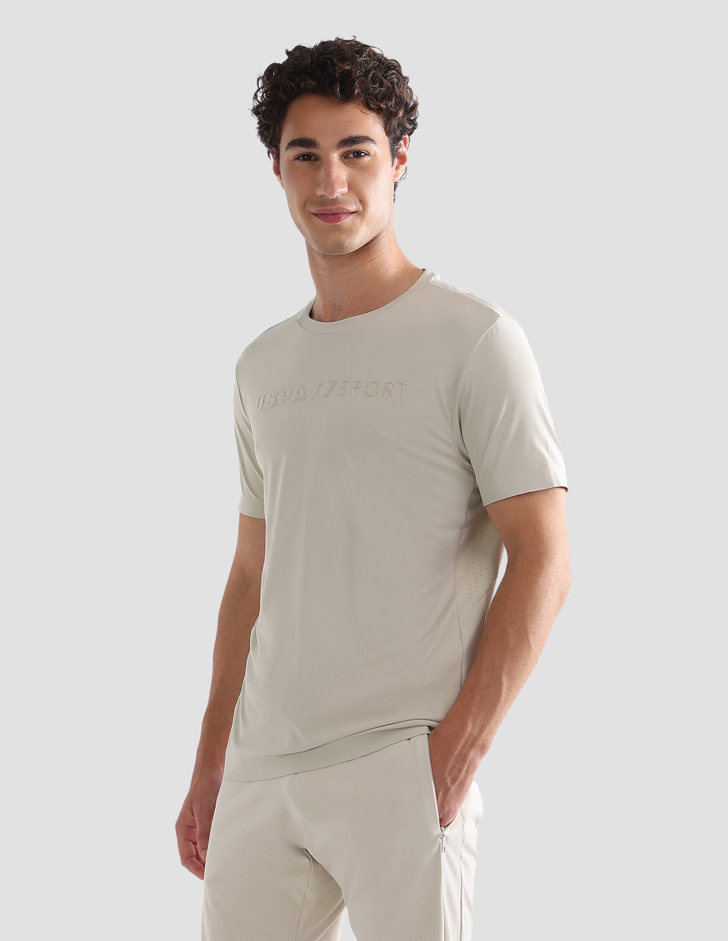 Solid Slim Fit Active T-Shirt Beige - U.S. Polo Assn. India | Large