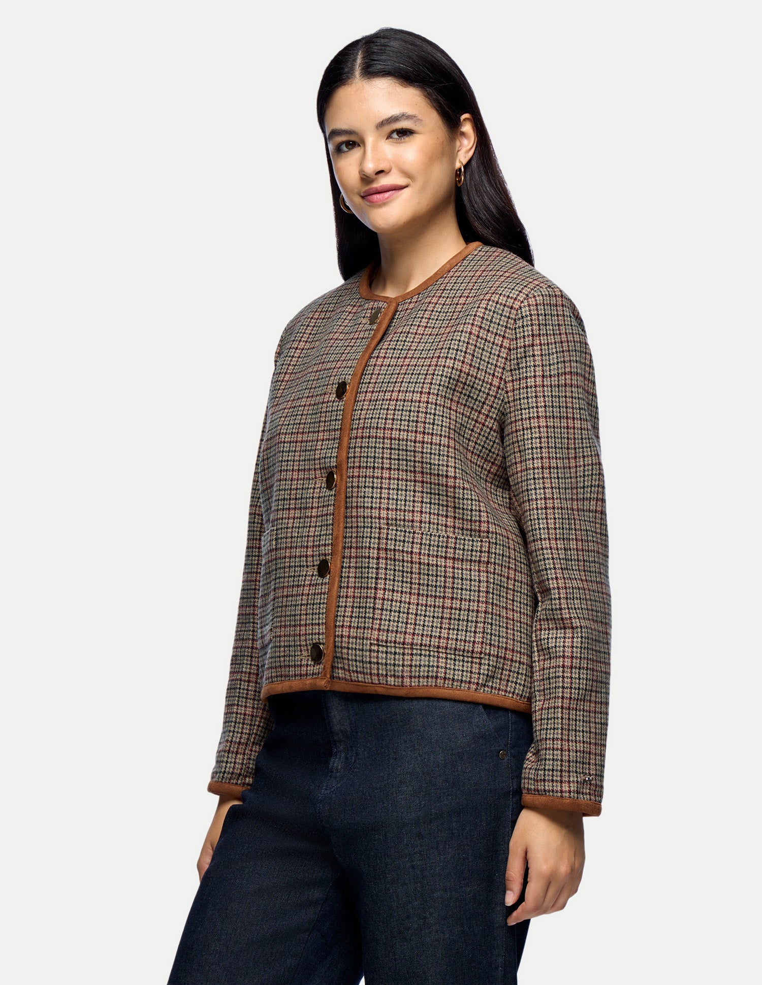 Houndstooth Checked Crop Jacket Brown - U.S. Polo Assn. India | Large