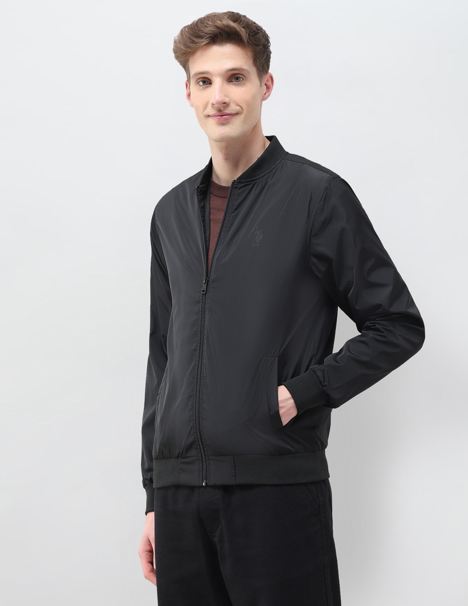 Solid Regular Fit Bomber Jacket Black - U.S. Polo Assn. India | Large