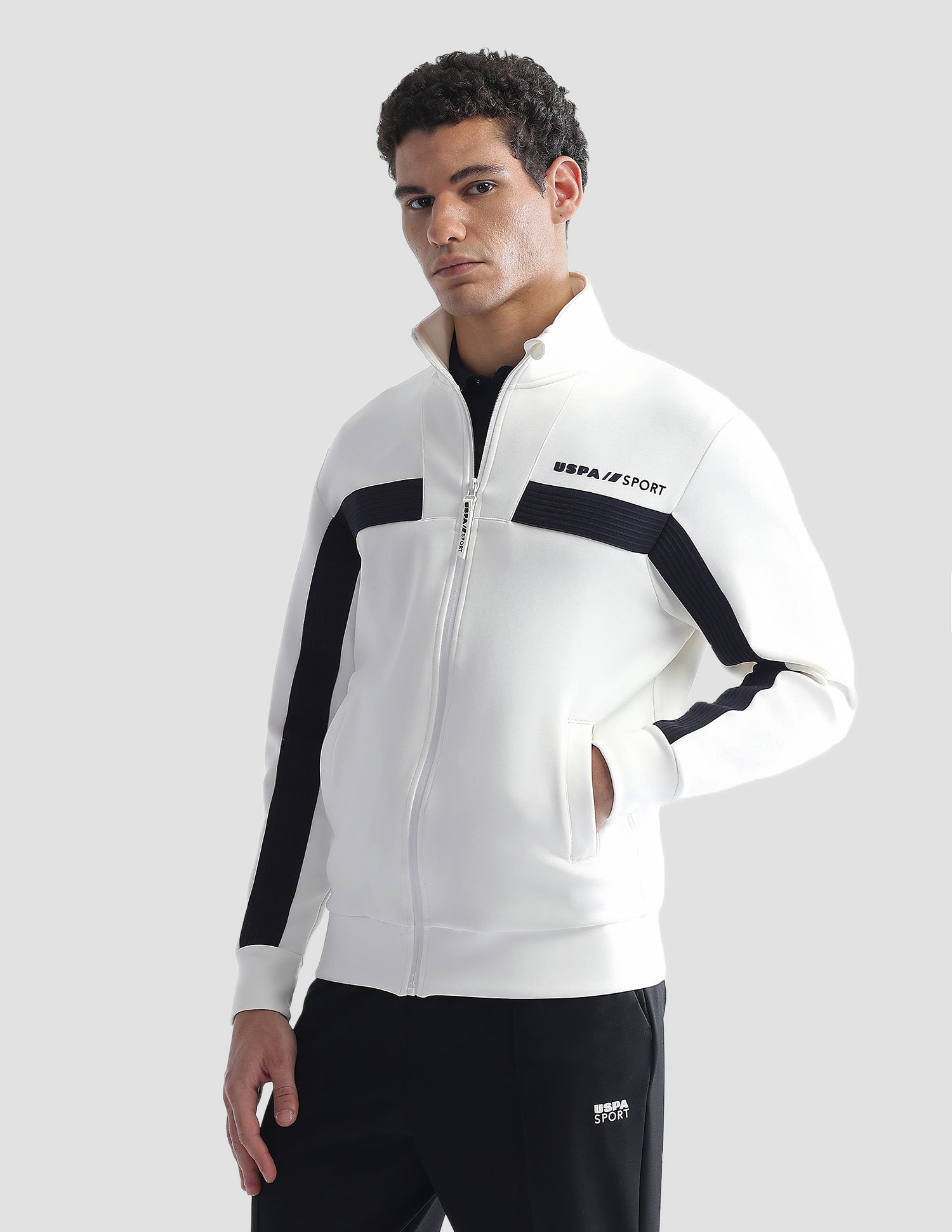 Slim Fit Zipper Active Sweatshirt Off White - U.S. Polo Assn. India | Large