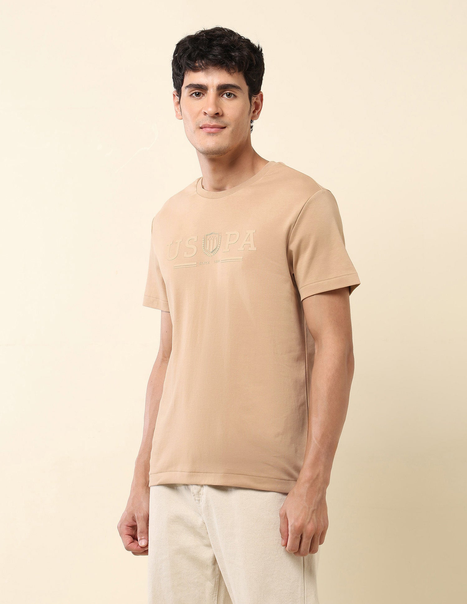 Brand Embroidered Gold Cup T-Shirt Beige - U.S. Polo Assn. India | Large