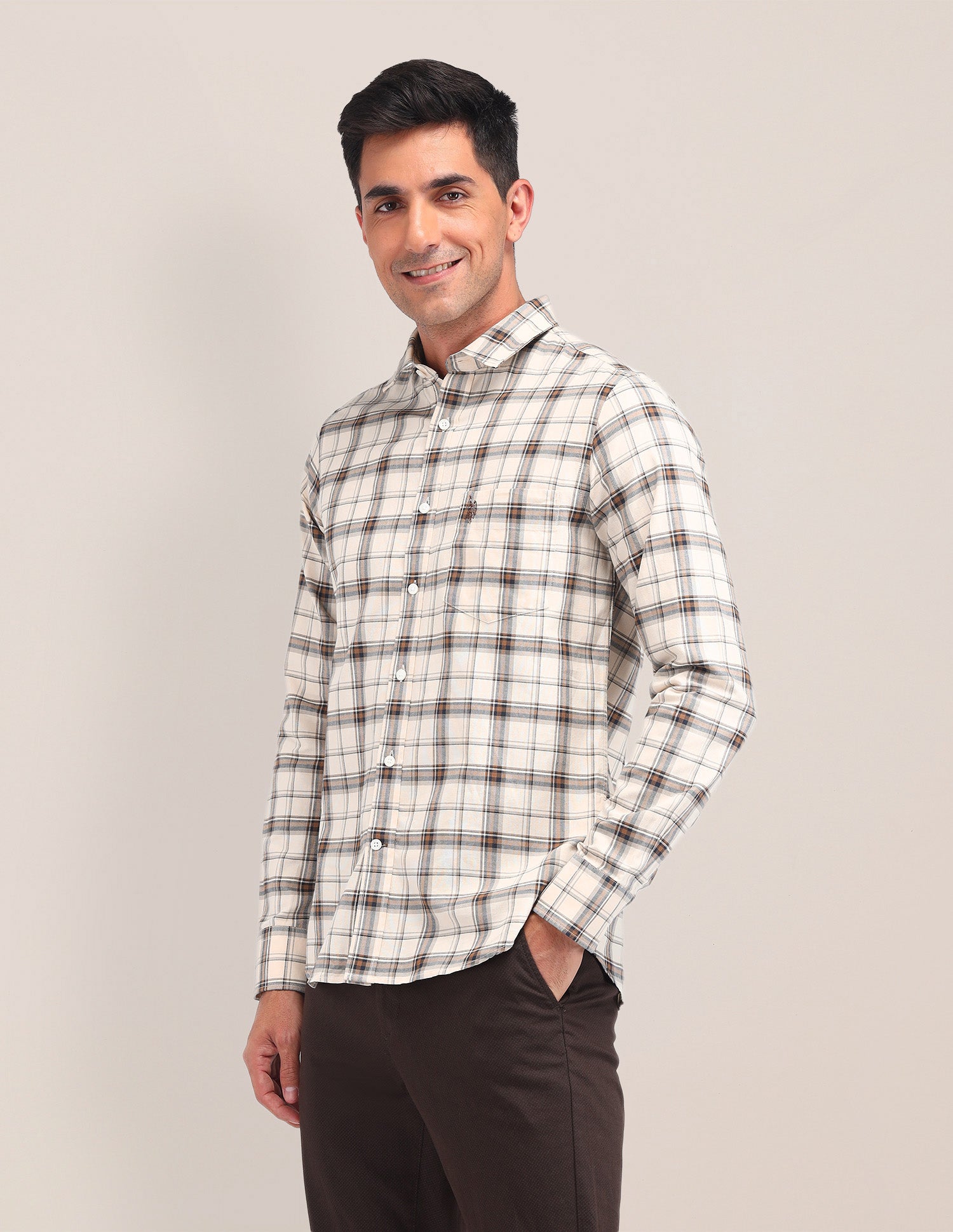 Dupplin Checked Tailored Fit Shirt Ecru - U.S. Polo Assn. India | Large