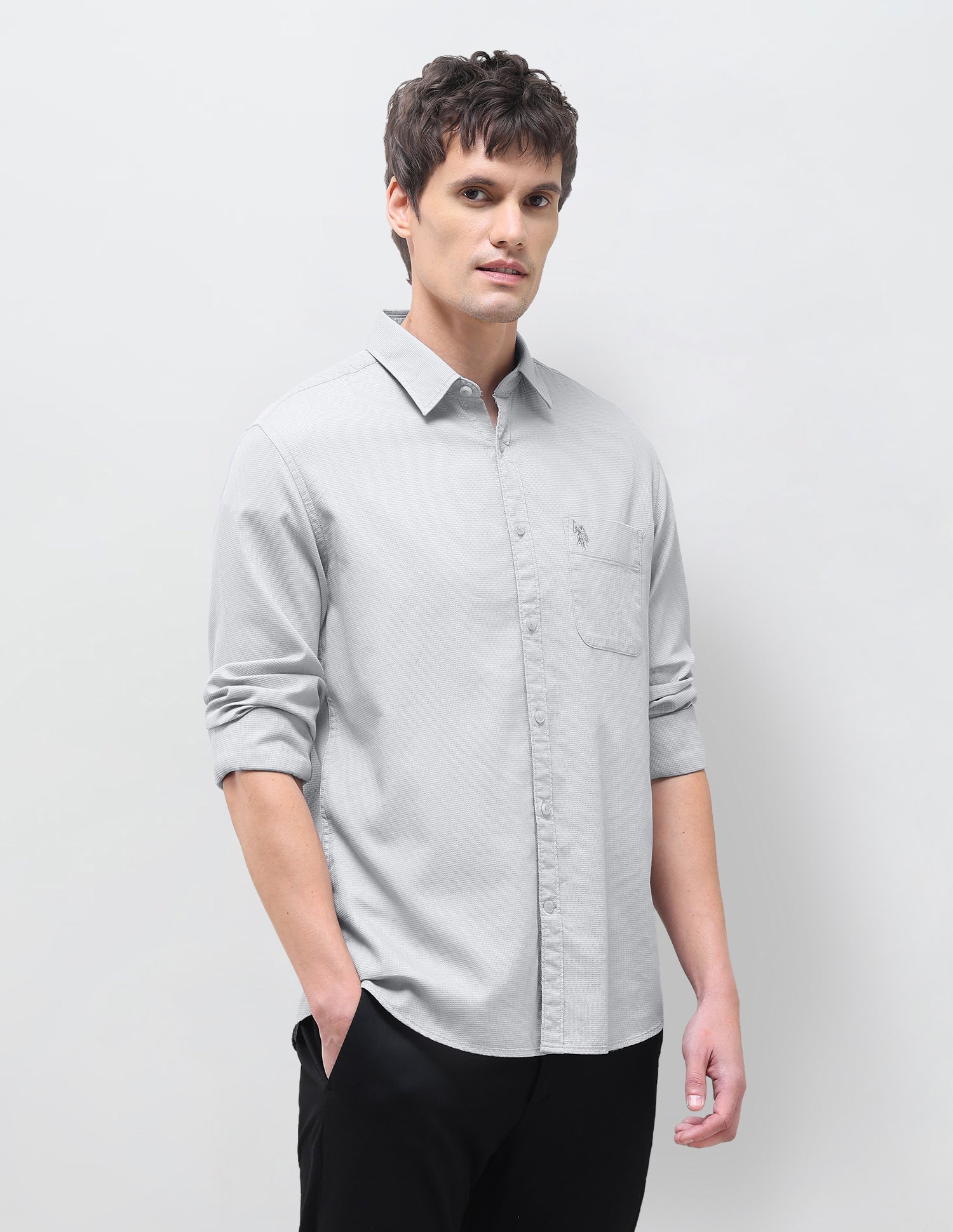 Textured Regular Fit Shirt Light Grey - U.S. Polo Assn. India | Large