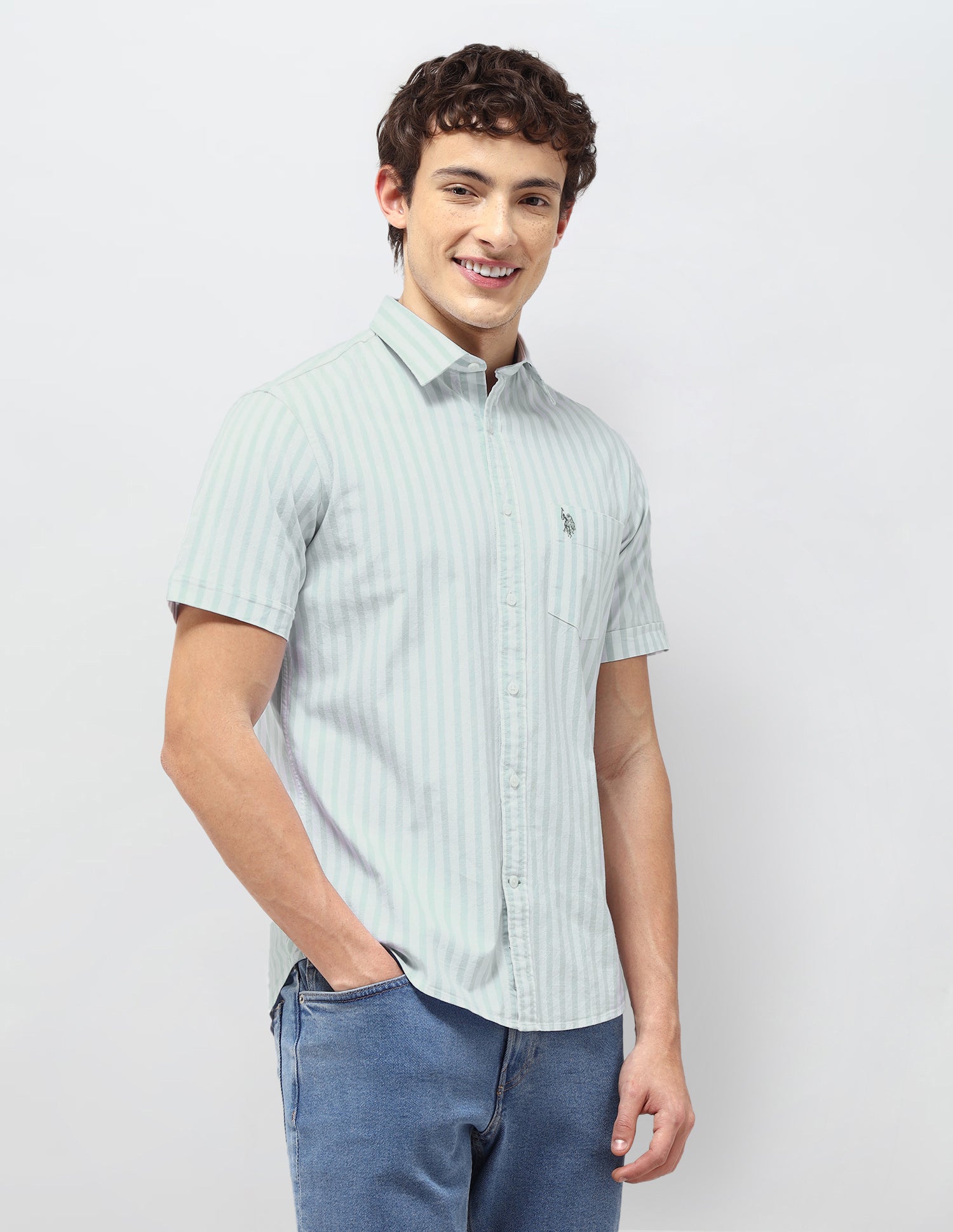 Vertical Striped Regular Fit Shirt Light Green - U.S. Polo Assn. India | Large