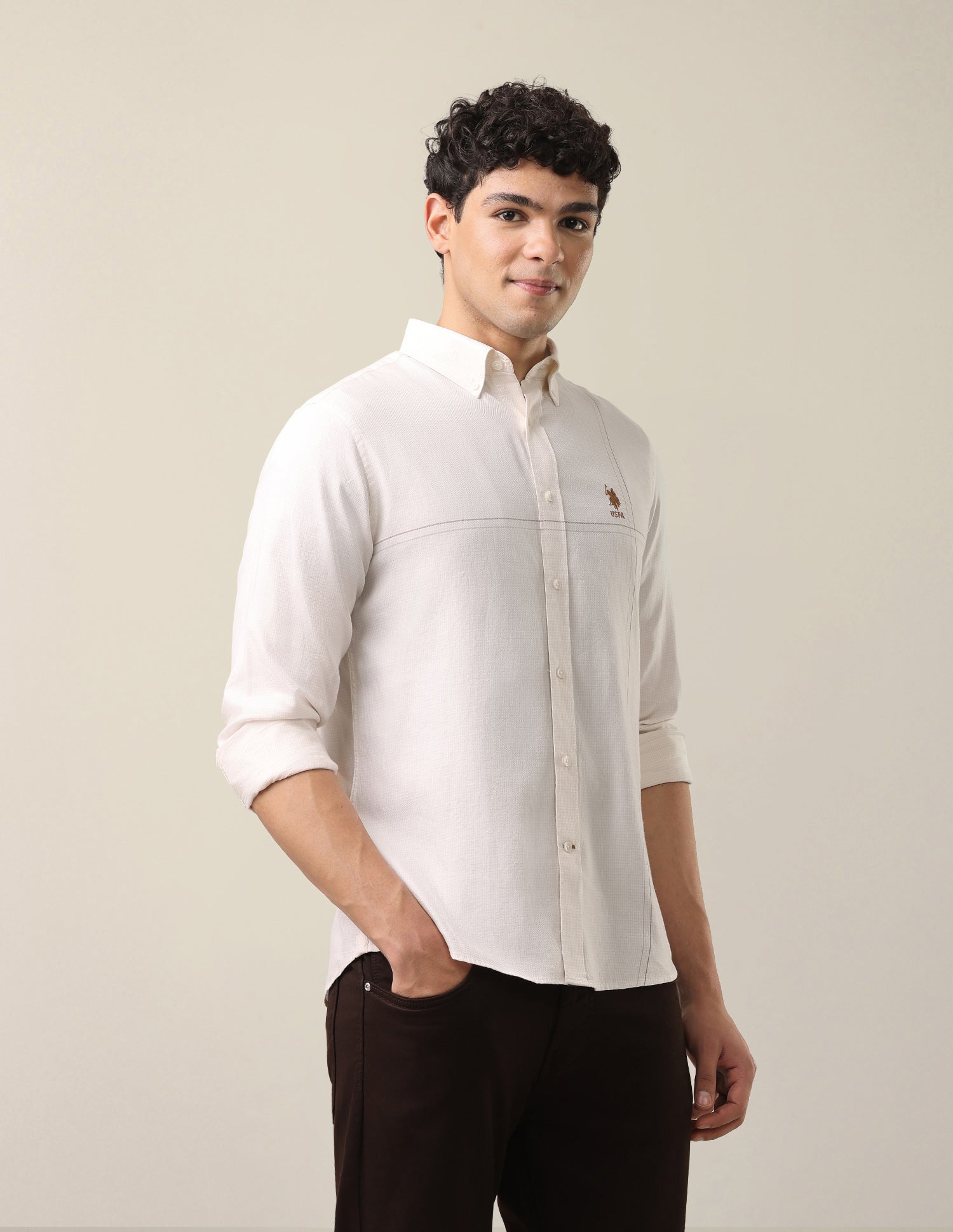 Twill Tailored Fit Button-Down Collar Shirt Ivory - U.S. Polo Assn. India | Large