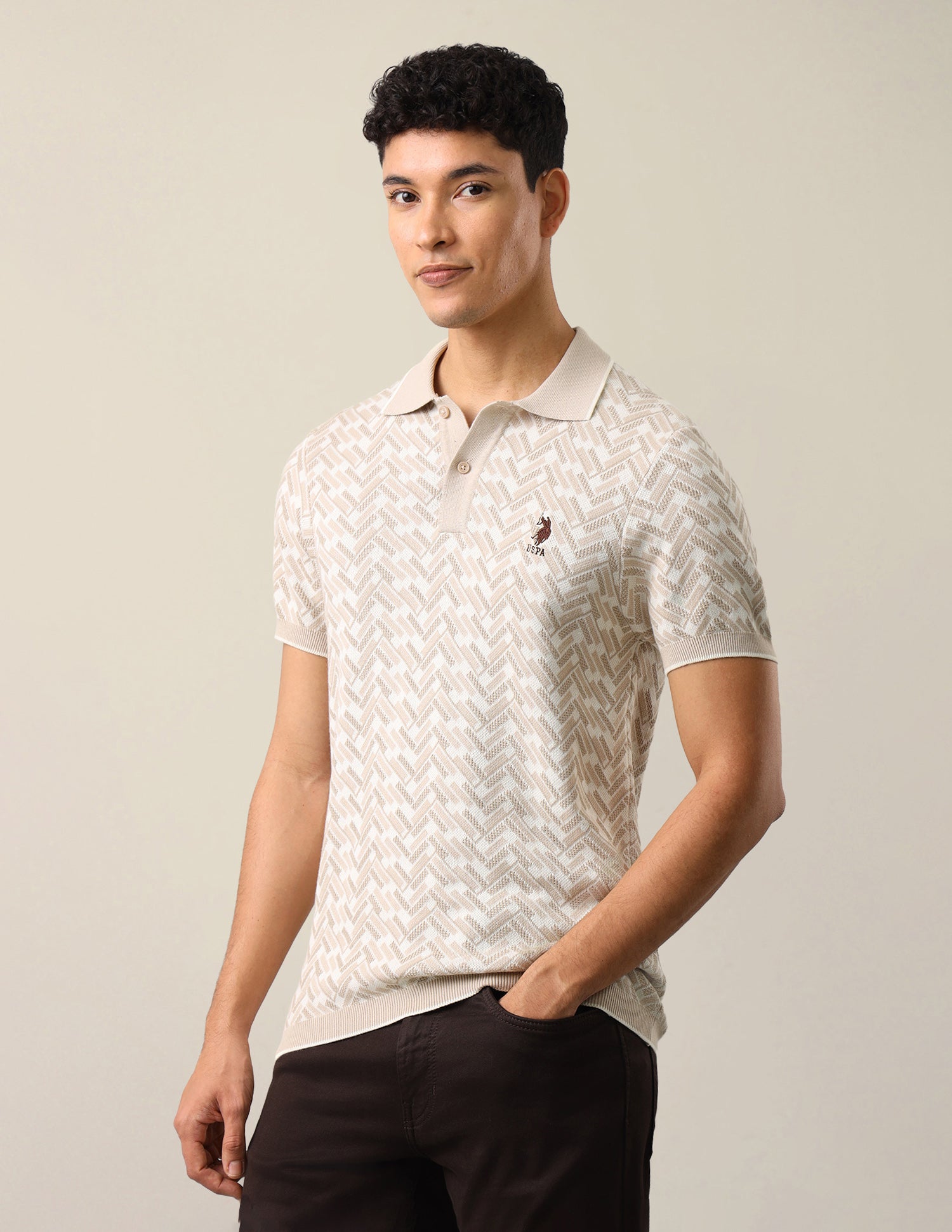 Geometric Patterned Knit Slim Fit Polo Shirt Beige - U.S. Polo Assn. India | Large