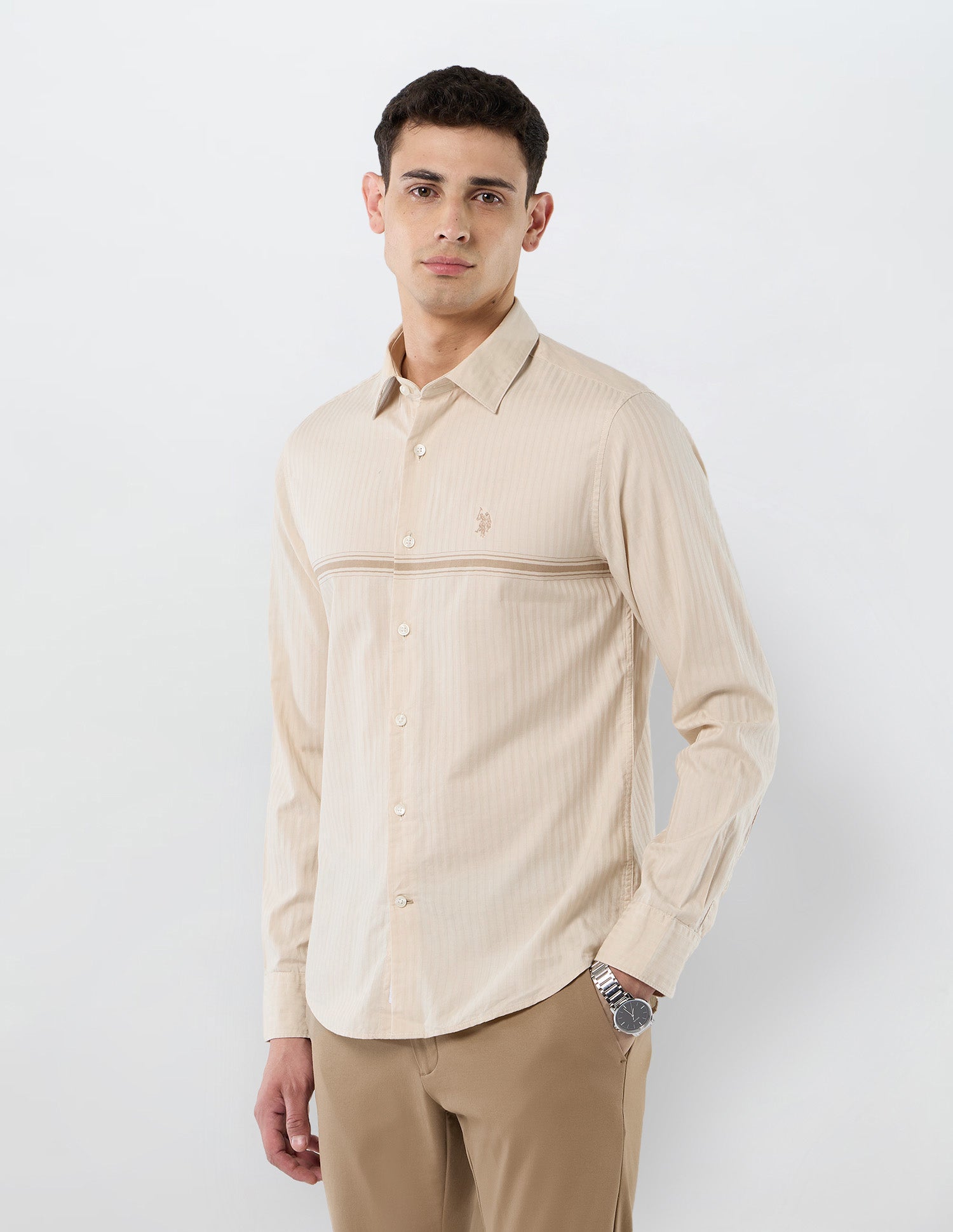 Tailored Fit Vertical Striped Shirt Beige - U.S. POLO ASSN. | Large