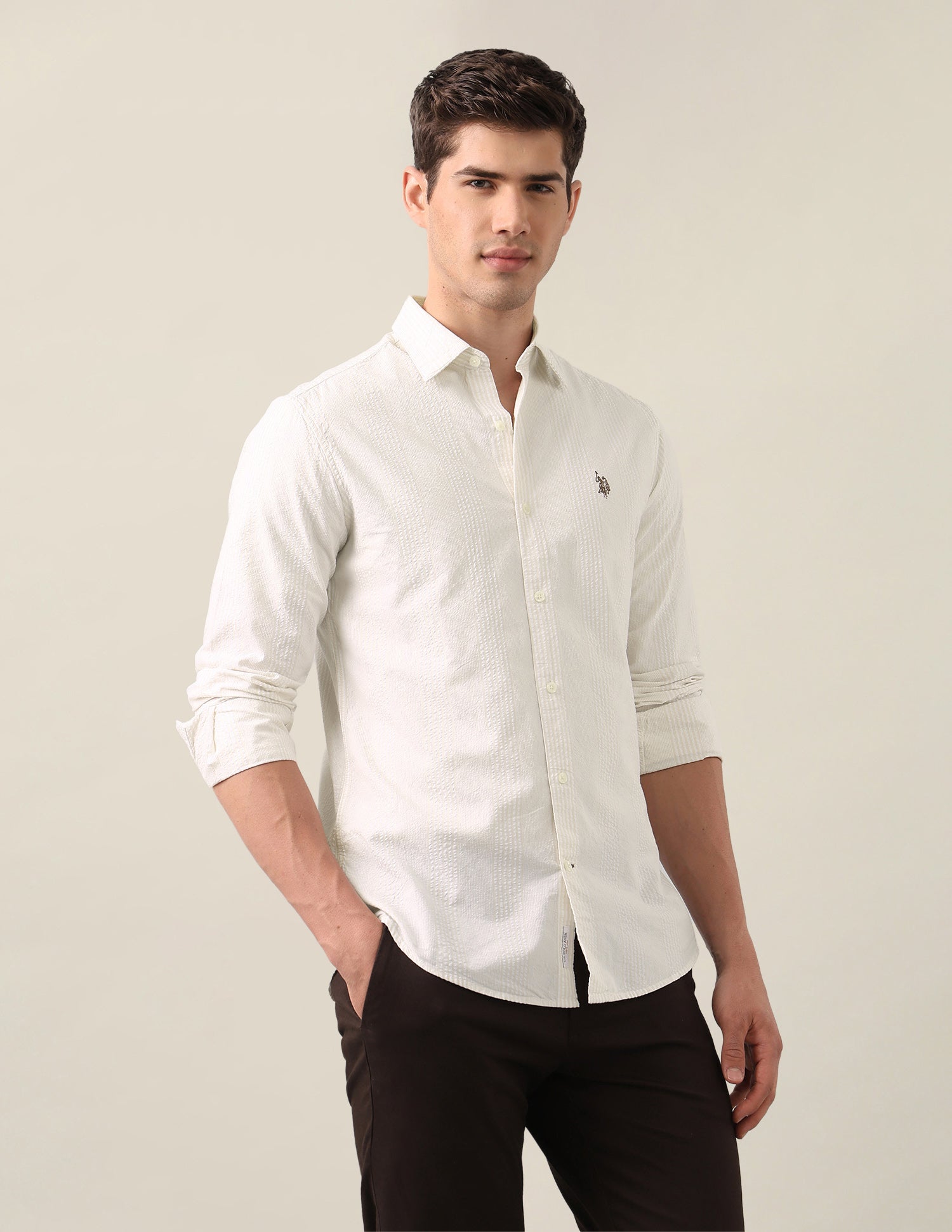 Vertical Striped Seersucker Shirt Beige - U.S. Polo Assn. India | Large
