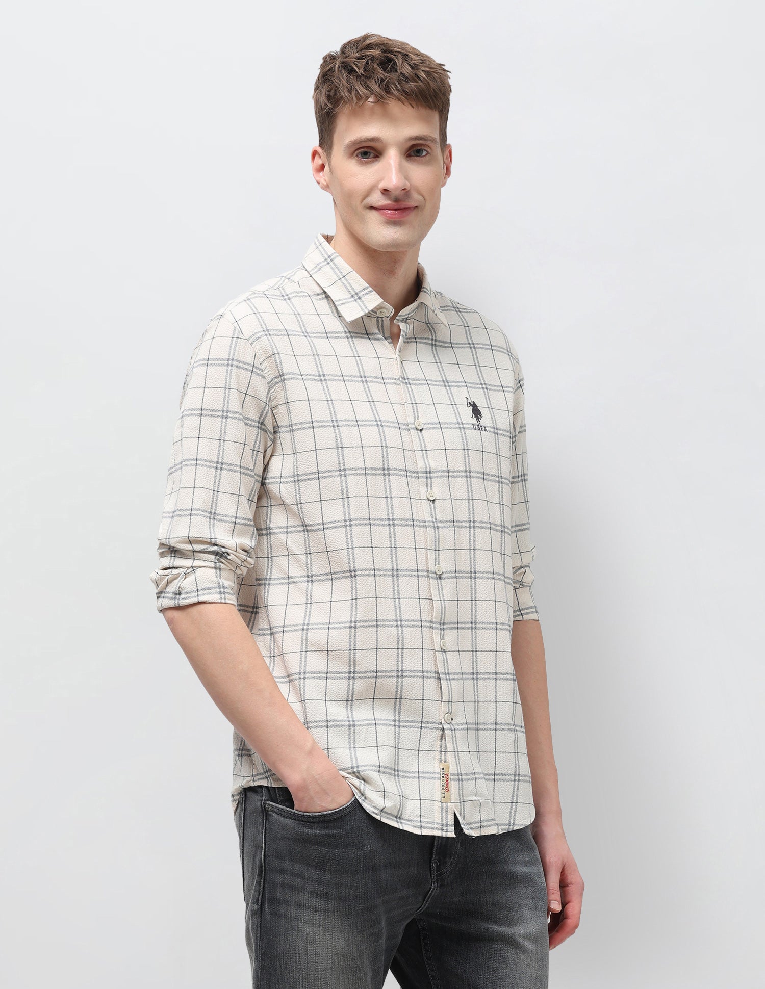 Grid Tattersall Checked Regular Fit Shirt Ecru - U.S. Polo Assn. India | Large