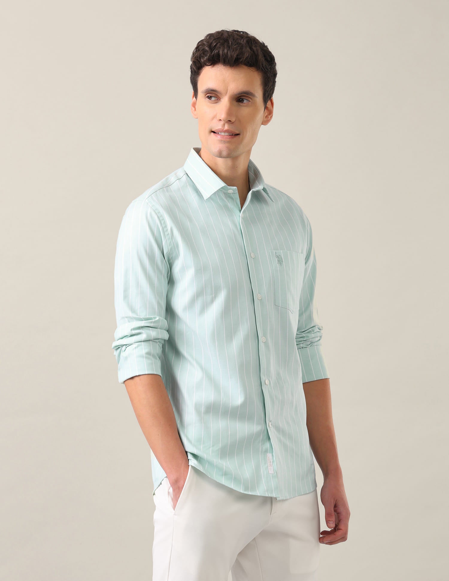 Vertical Striped Tailored Fit Shirt Light Green - U.S. Polo Assn. India | Large