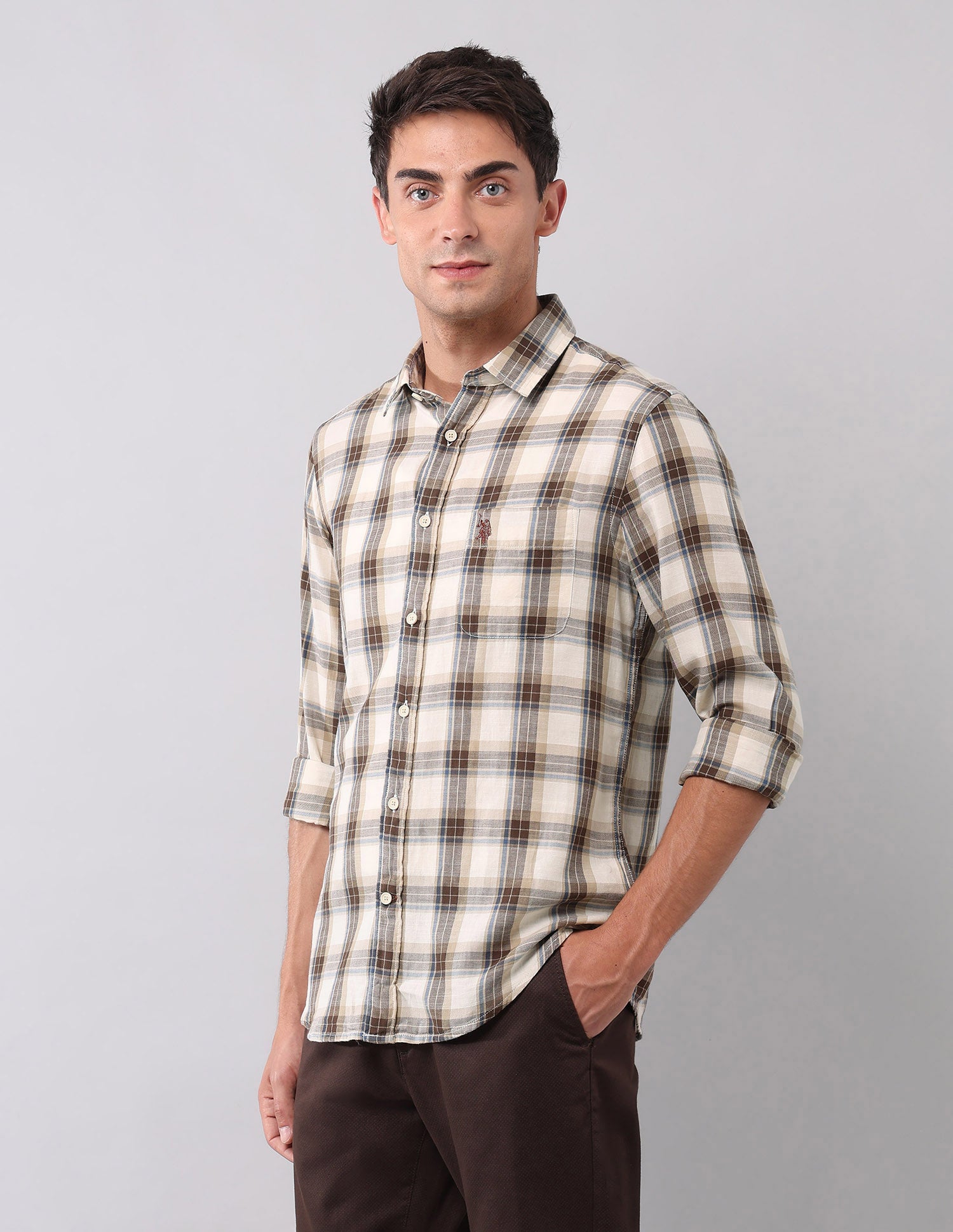 Plaid Checked Pure Cotton Shirt Off White - U.S. Polo Assn. India | Large