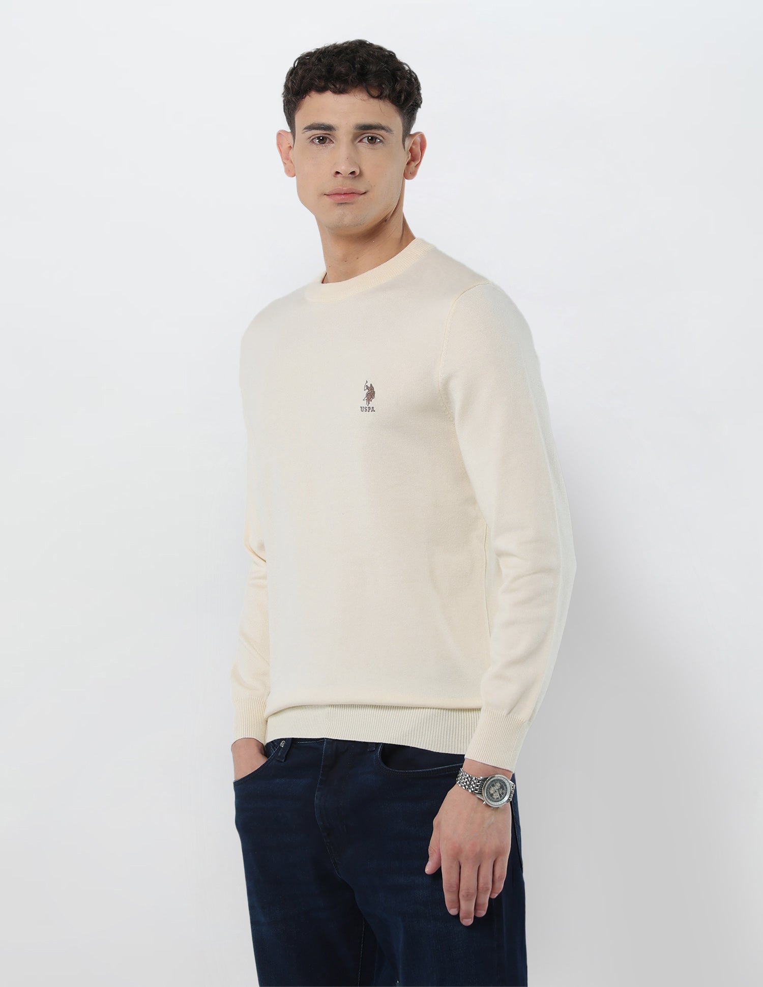 Solid Regular Fit Sweater Off White - U.S. Polo Assn. India | Large