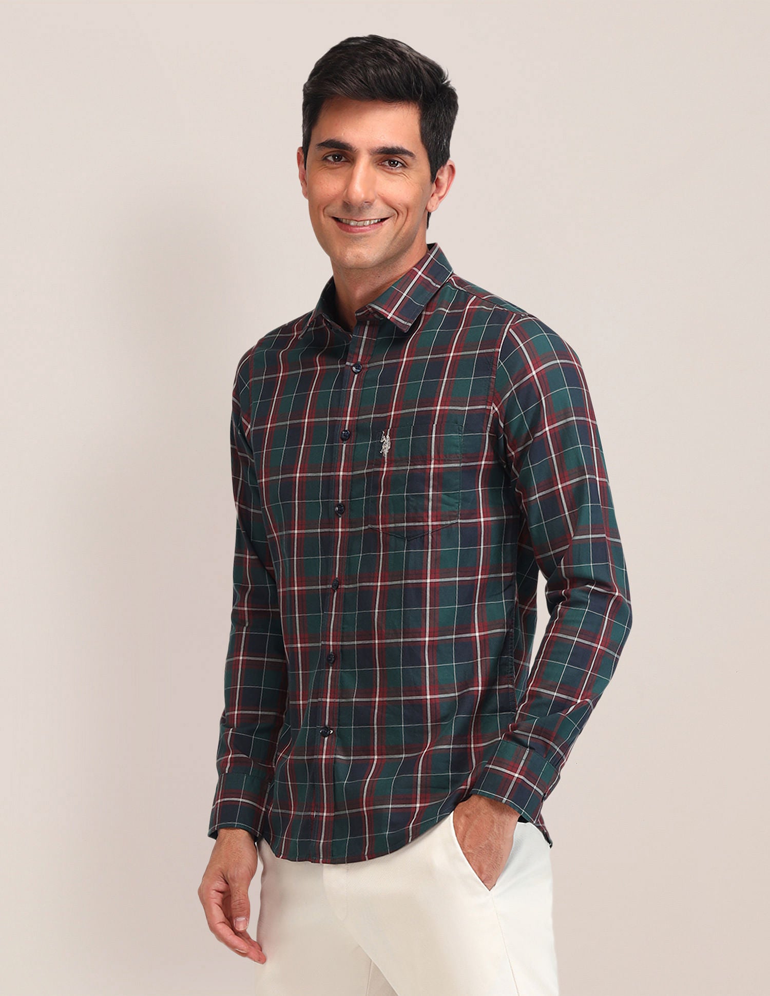 Tailored Fit Twill Shirt Dark Green - U.S. Polo Assn. India | Large