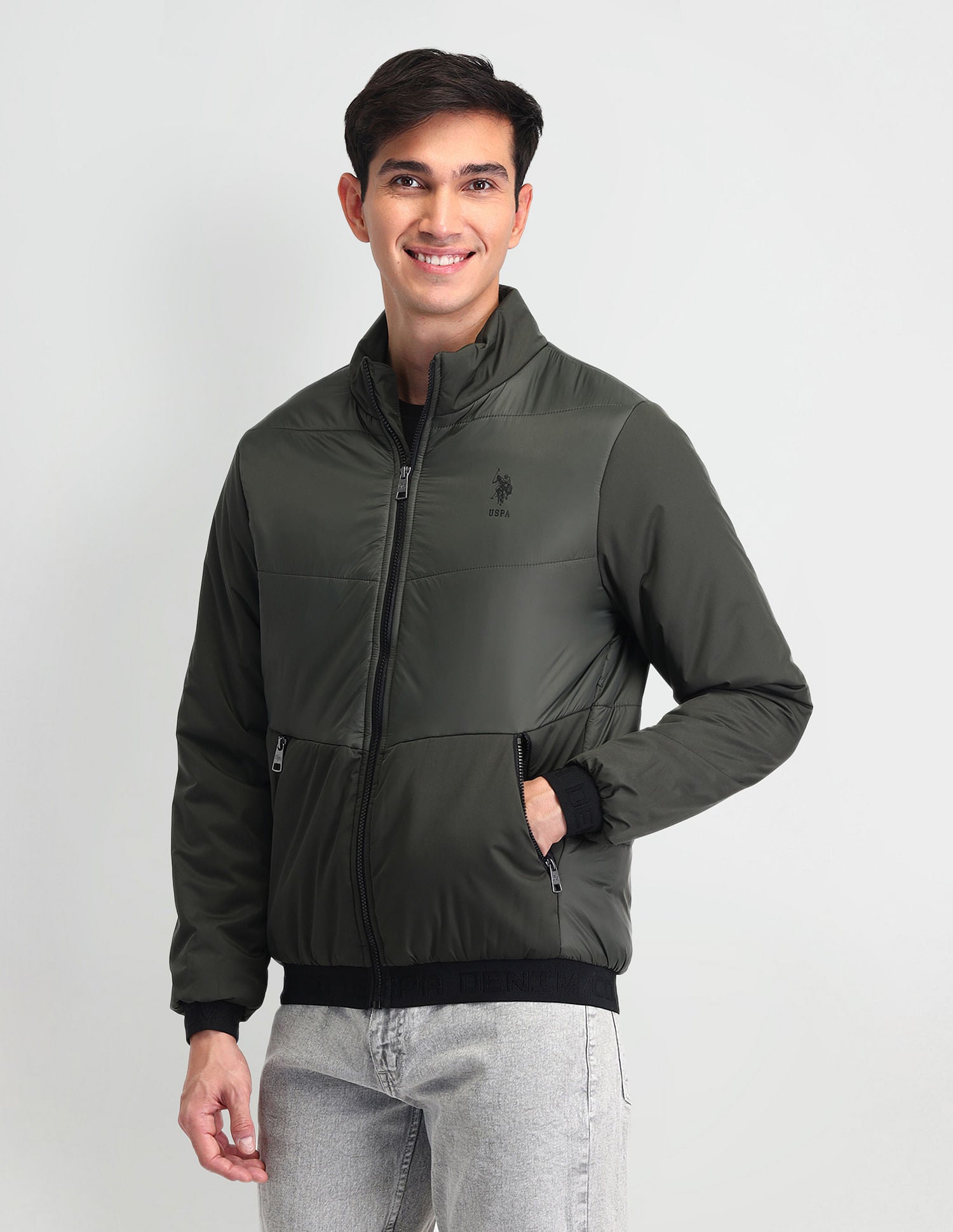 Regular Fit Solid Padded Jacket Olive - U.S. Polo Assn. India | Large