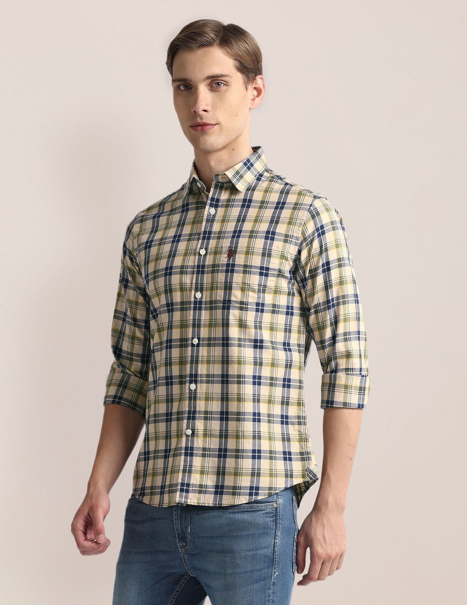 Tailored Fit Tartan Check Shirt Khaki - U.S. Polo Assn. India | Large