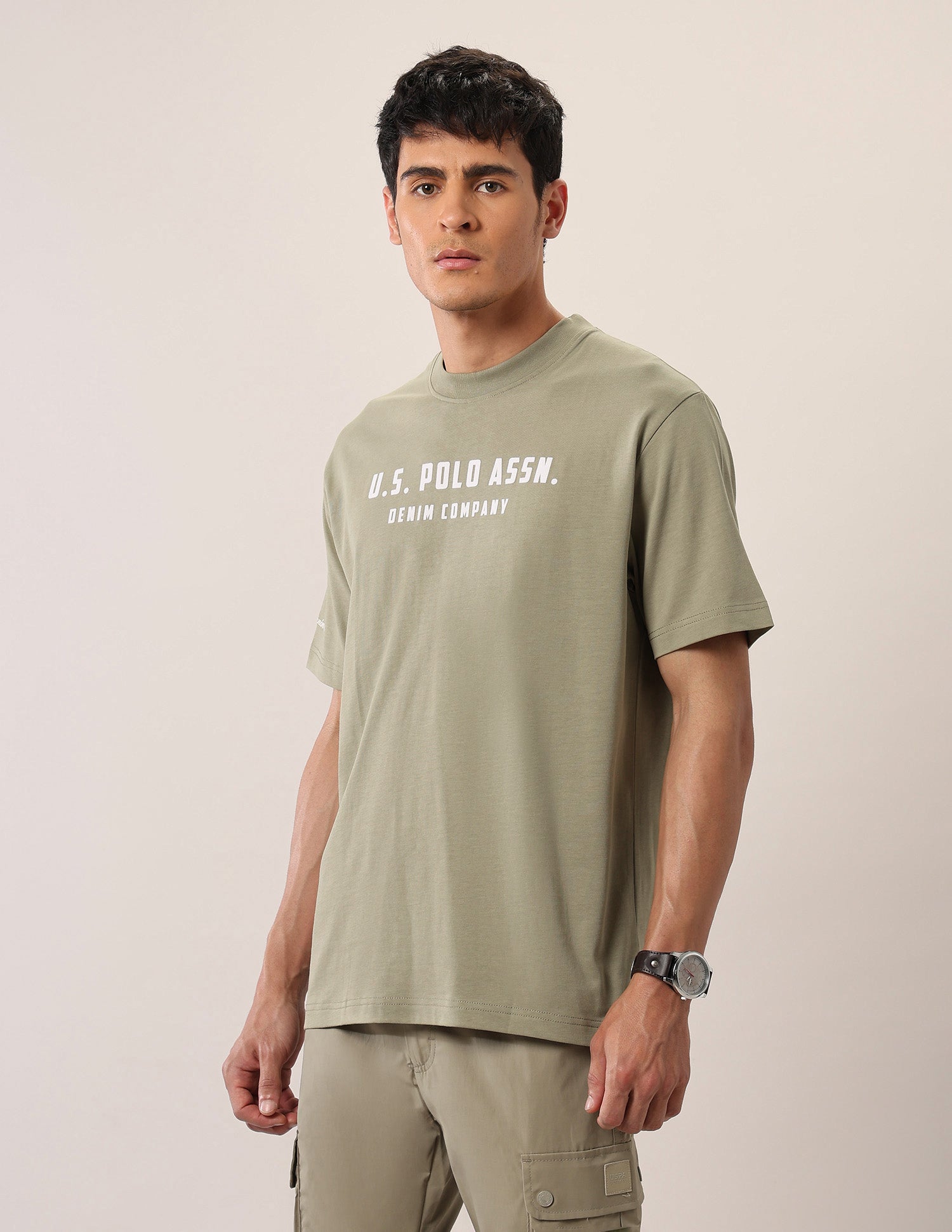 Brand Printed Oversized Fit T-Shirt Light Olive - U.S. Polo Assn. India | Large