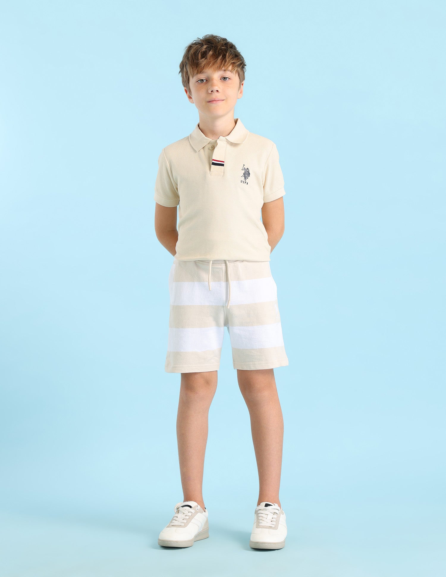 Boys Horizontal Striped Regular Fit Shorts Beige - U.S. POLO ASSN. | Large
