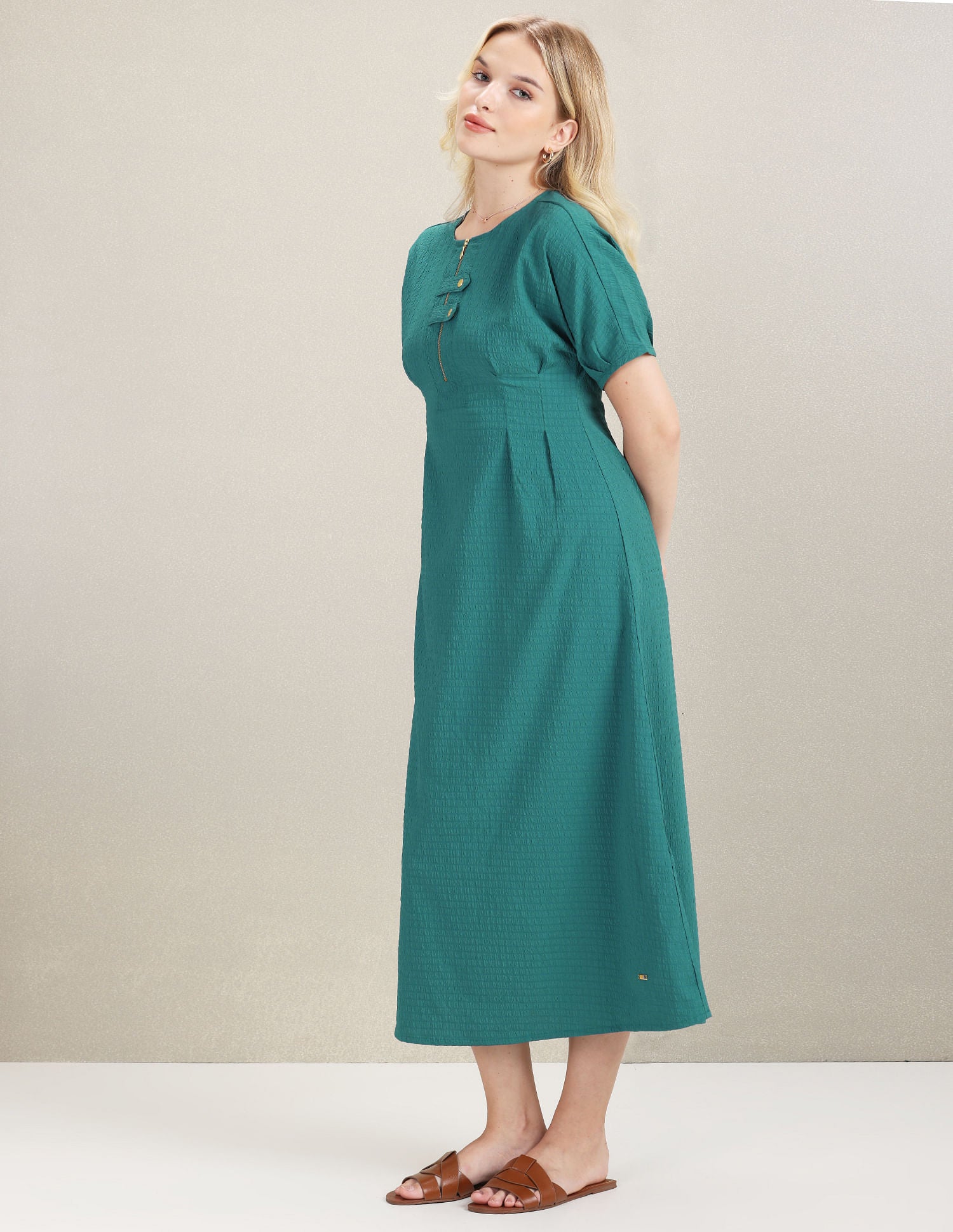 Textured Fit And Flare Midi Dress Teal - U.S. Polo Assn. India | Large