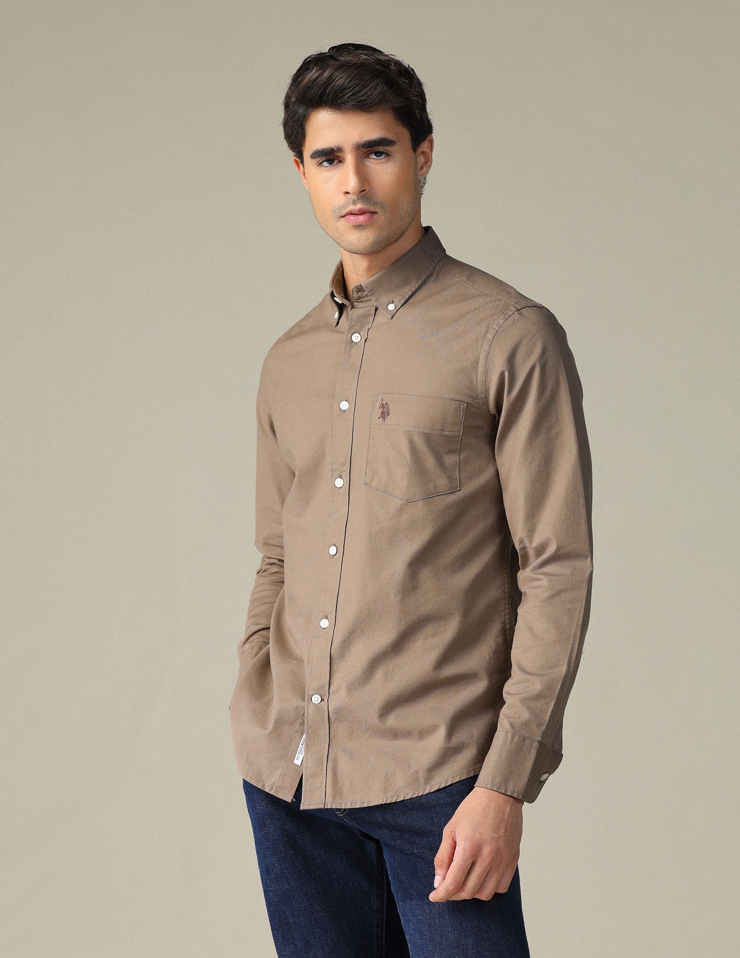 Tailored Fit Dobby Button Down Shirt Light Brown - U.S. POLO ASSN. | Large
